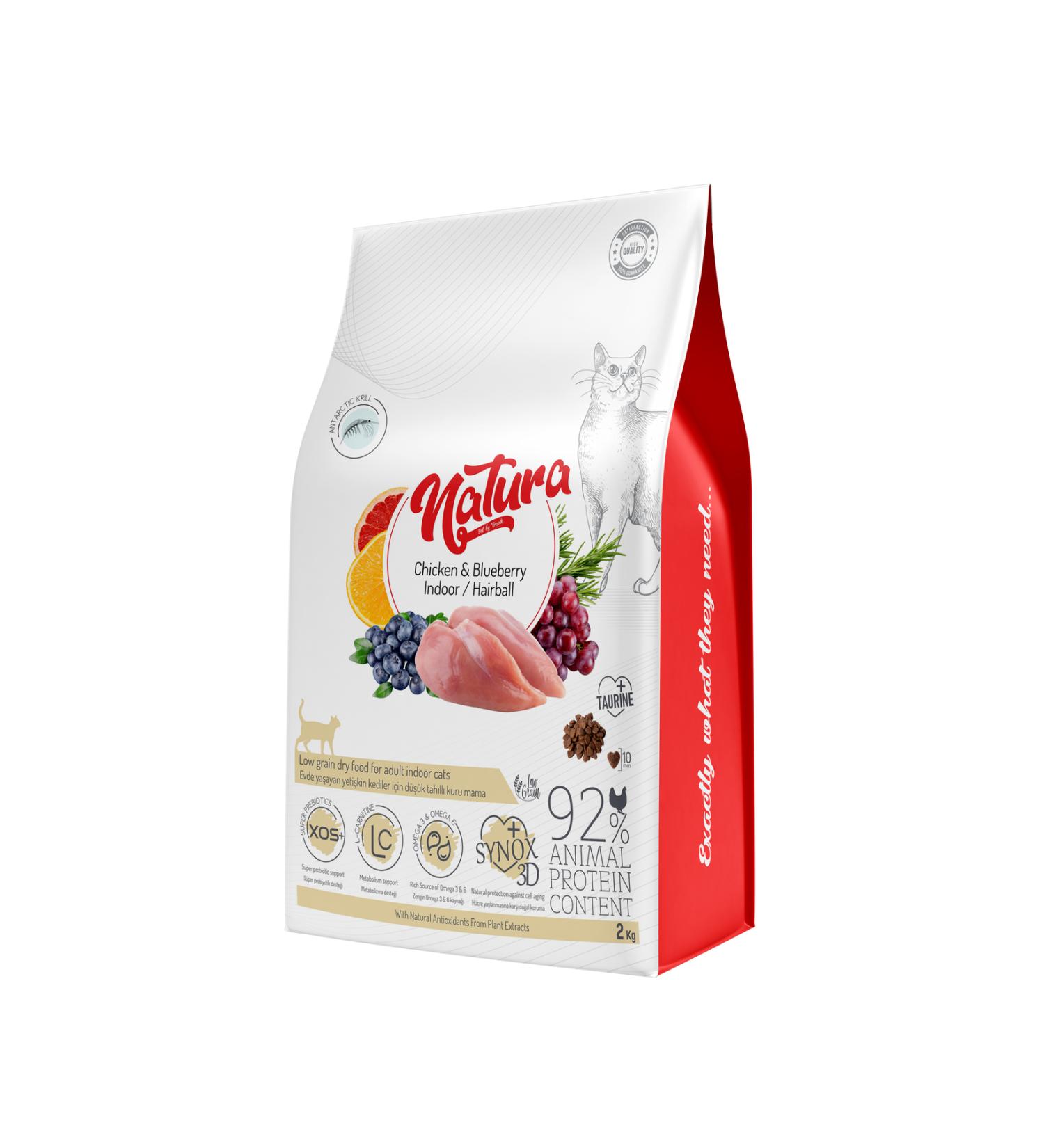 Natura LowGrain Indoor Hairball Cat Food with Chicken & Blueberry 2kg