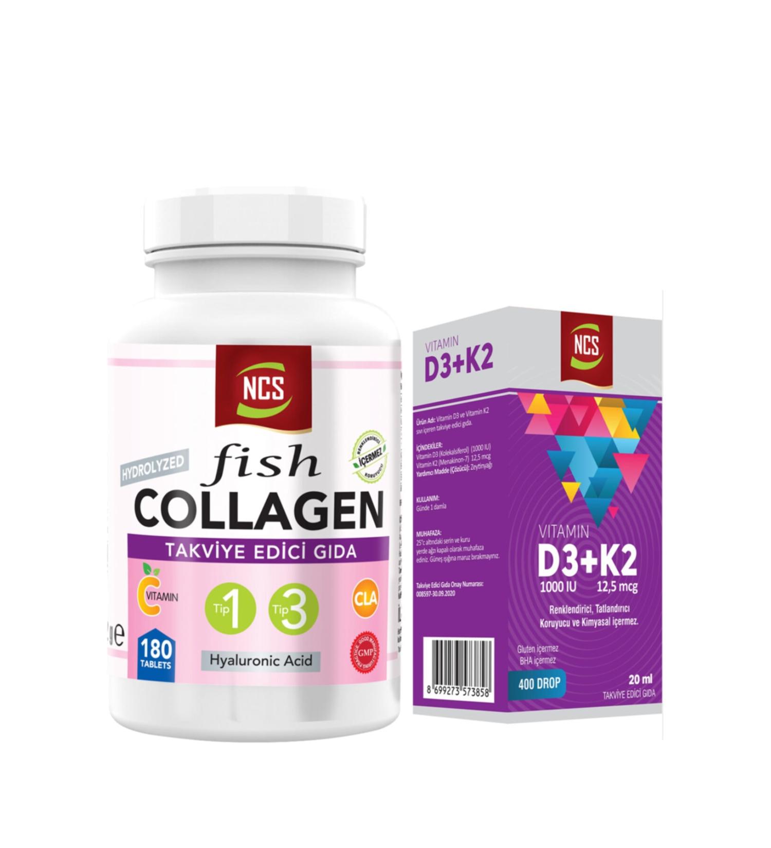 Ncs Collagen Type 1-3 Fish Collagen Cla Biotin 180 Tablets + Vitamin D3-k2 20 ml - Buy Online on GoSupps.com
