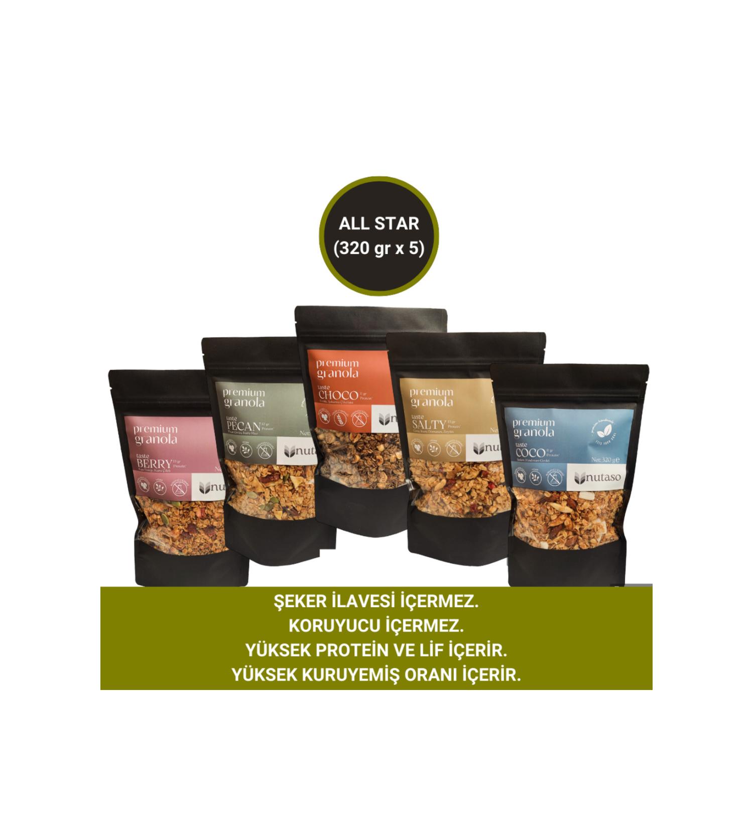 nutaso nutrition taste solutions ALL STAR - Mix Granola (320 GR X 5) (PECAN CHOCO SALTY COCO BERRY GRANOLA)