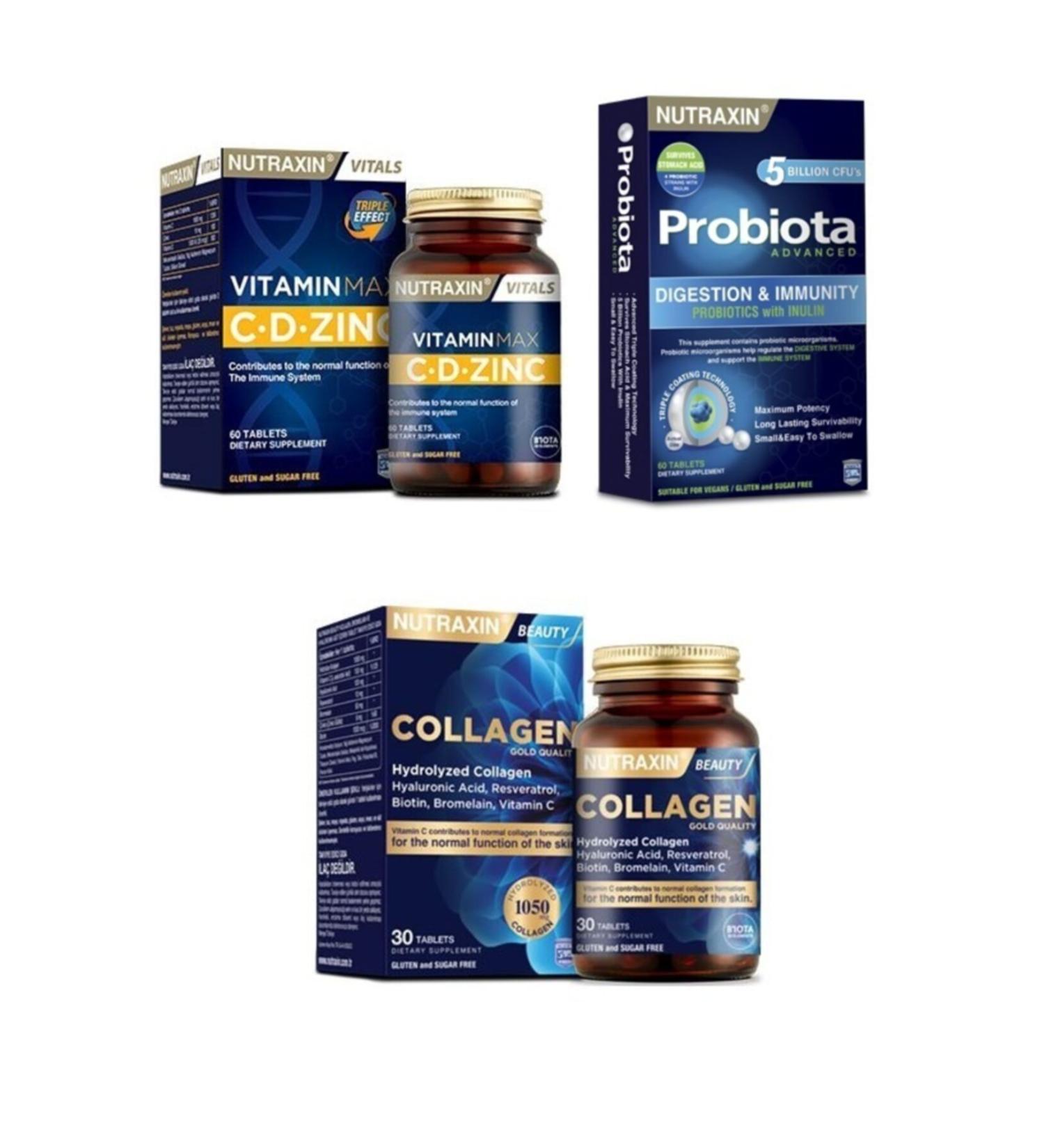 Nutraxin Beta Glucan 5 In 1 Immuns 60 Tablets + Vitamin Max Cd-zinc + Hydrolyzed Collagen Containing 30 Tablets