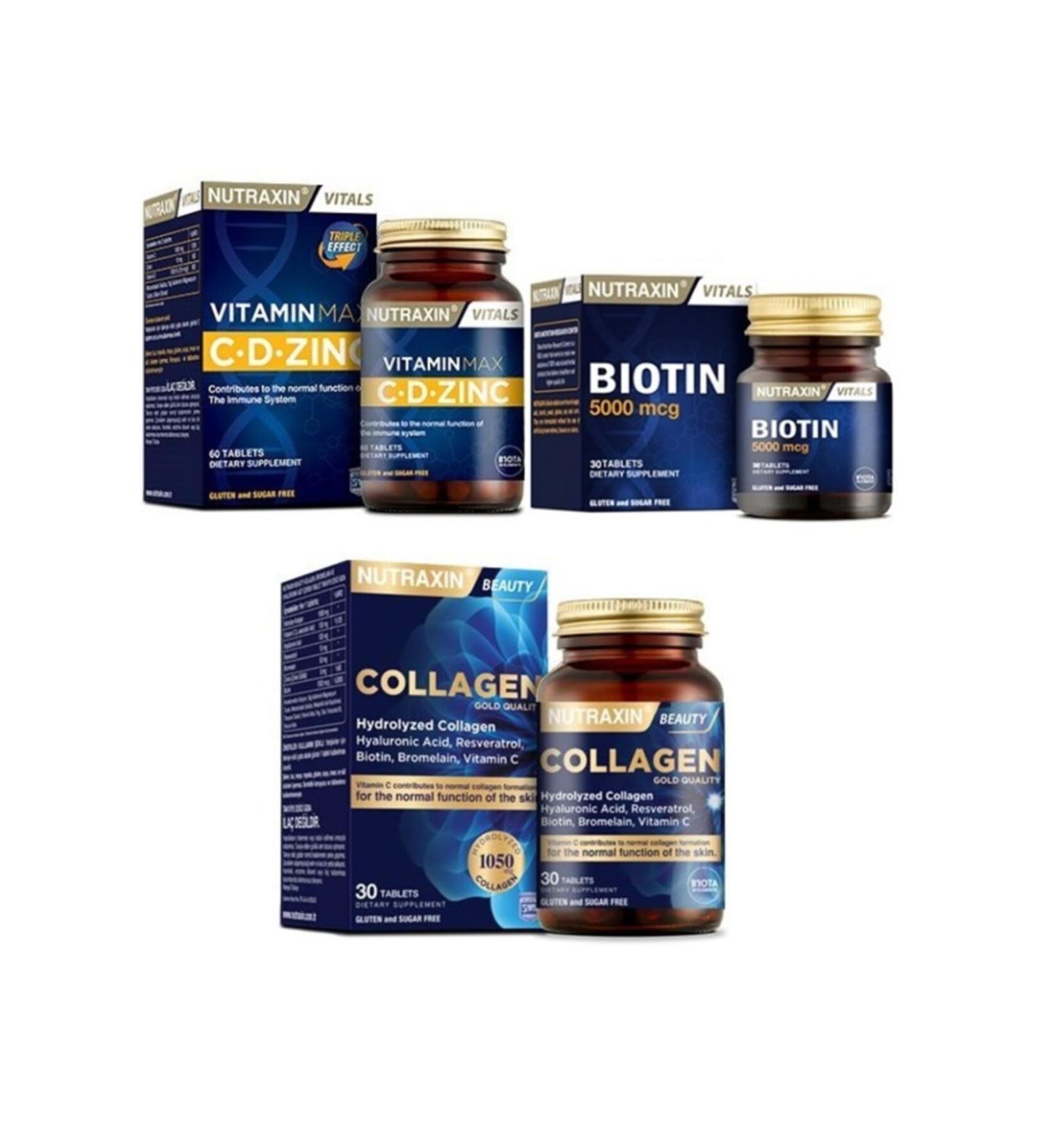 Nutraxin Biotin 5000 Mcg 30 Tablets + Vitamin Max Cd-zinc + Type 1 and Type 3 Hydrolyzed Collagen Containing 30 Tablets