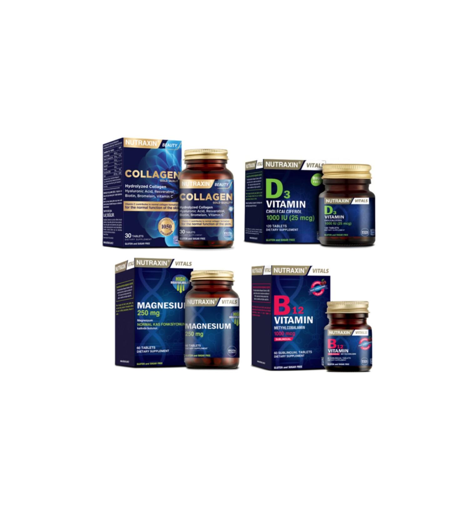 Nutraxin Collagen Supplement 30 Tablets + Magnesium 250 Mg 60 Tablets + Vitamin B12 60 Sublingual + Vitamin D3 120 Tablets