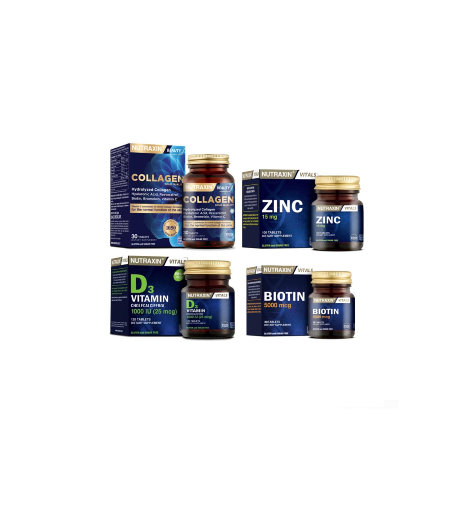 Nutraxin Collagen Supplement 30 Tablets Zinc 15mg 100 Tablets Biotin 5000mcg 30 Tablets Vitamin D3 120tablets