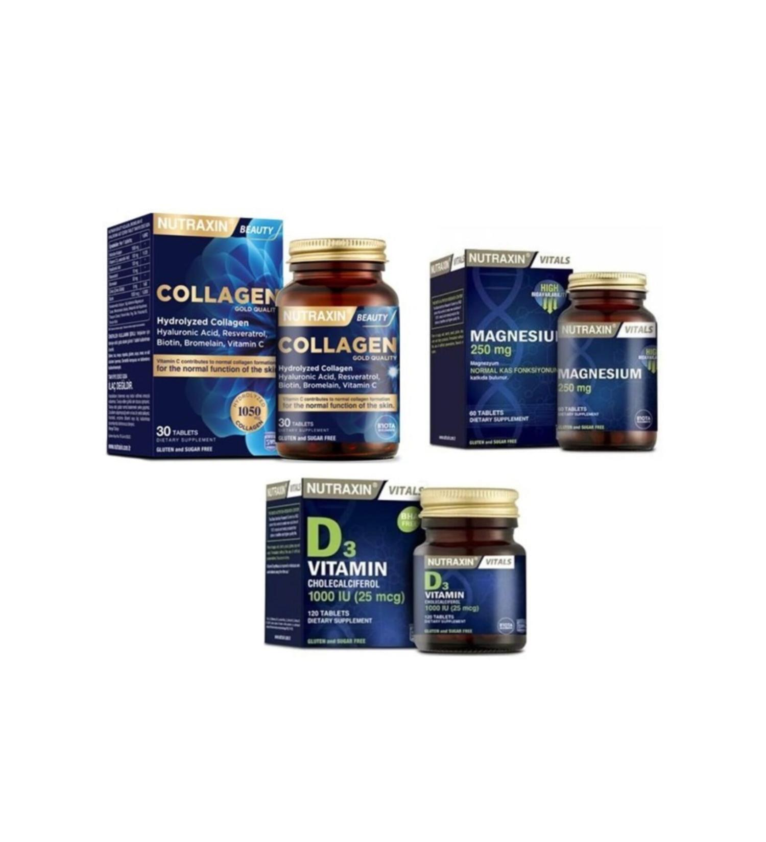 Nutraxin Hydrolyzed Collagen Containing 30 Tablets + Magnesium 250 Mcg 60 Tablets + D3 Vitamin 1000 Iu 120 Tablets