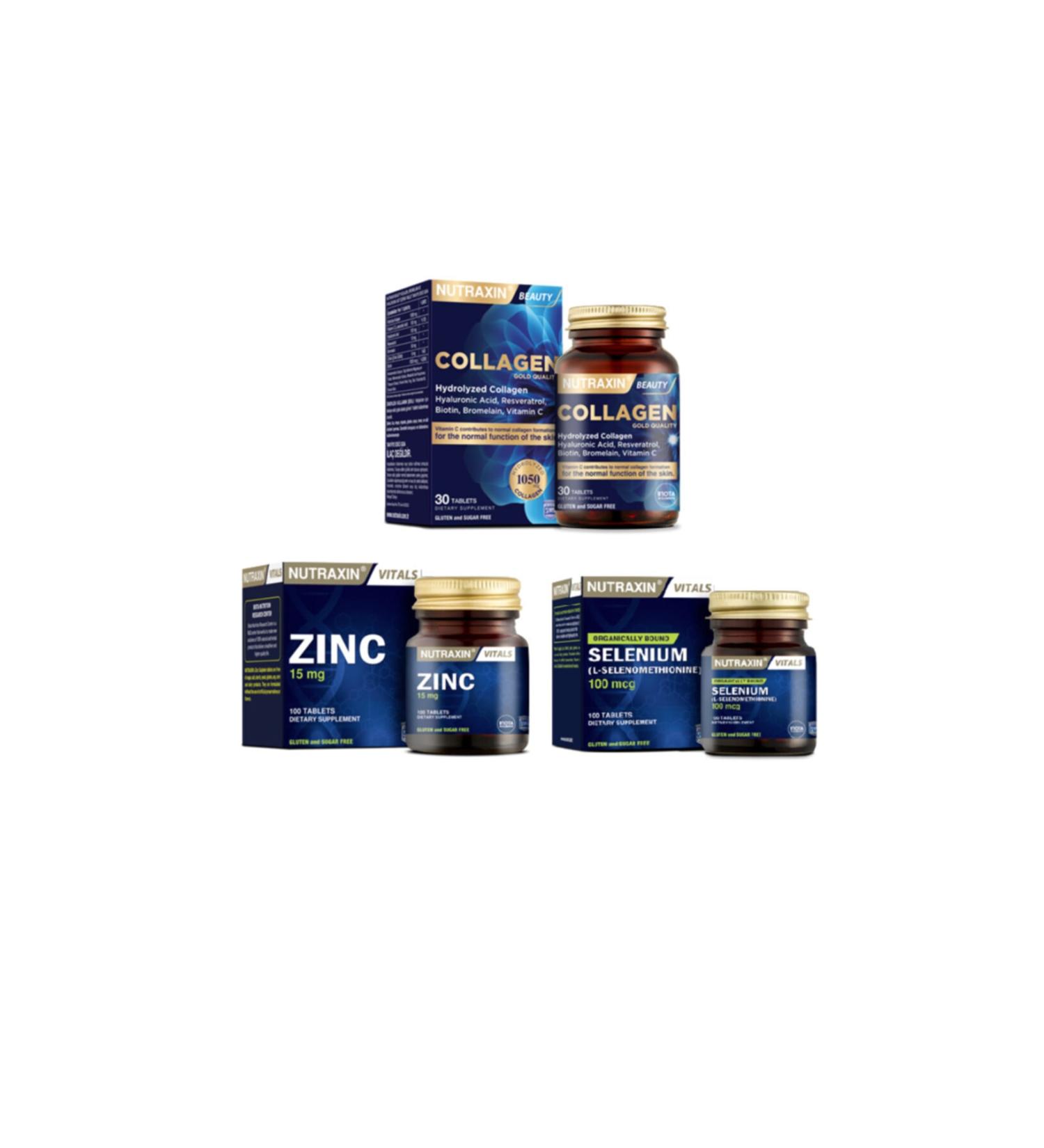 Nutraxin Hydrolyzed Collagen 30 Tablets Zinc Supplement 15 Mg 100 Tablets Selenium 100 Mcg 100 Tablets