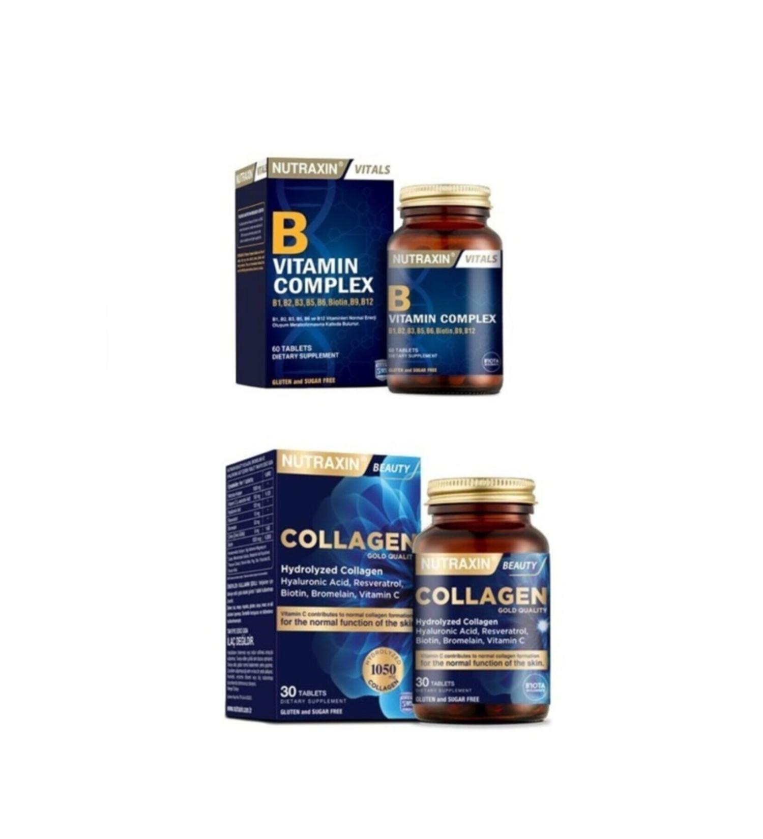 Nutraxin Type 1 and Type 3 Hydrolyzed Collagen Containing 30 Tablets + B Vitamin Complex 60 Tablets