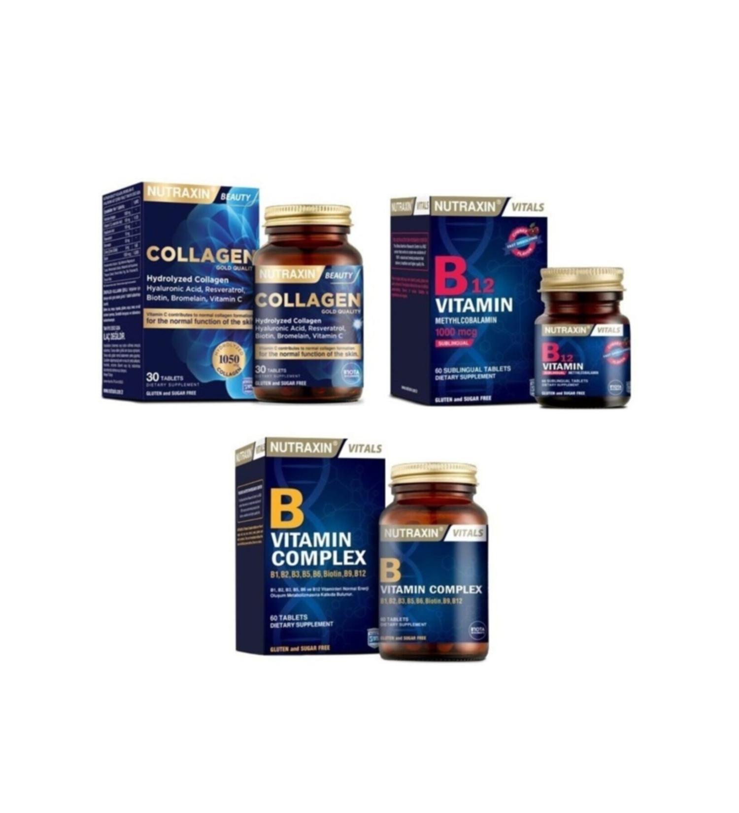Nutraxin Type 1 and Type 3 Hydrolyzed Collagen 30 Tablets + b12 1000 Mcg 60 Tablets + b Vitamin Complex 60 Tablets