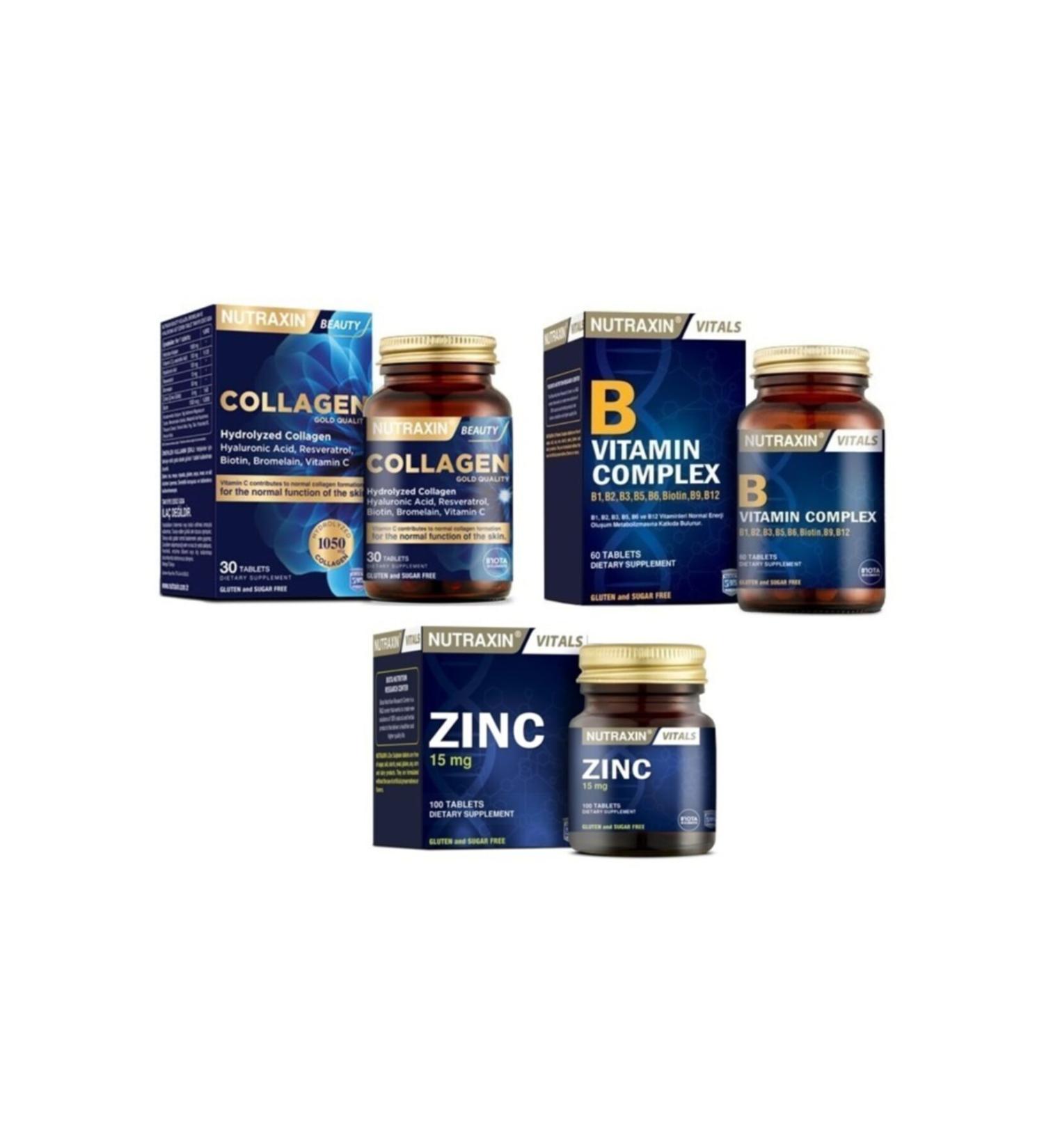 Nutraxin Zinc 15 Mg 100 Tablets + Type 1 and Type 3 Hydrolyzed Collagen Containing 30 Tablets + B Vitamin Complex 60 Tablets