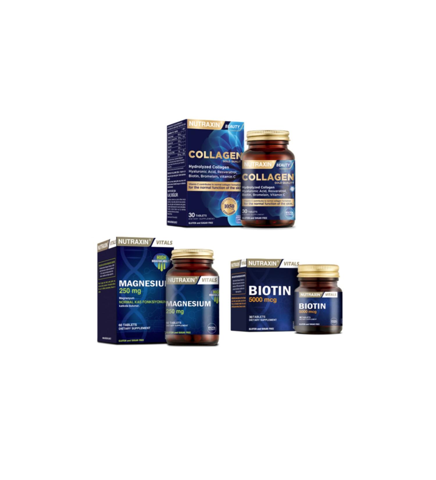 Nutraxin Collagen Supplement 1050 mg 30 Tablets + Magnesium Supplement 250 mg 60 Tablets + Biotin 5000 mcg 30 Tablets