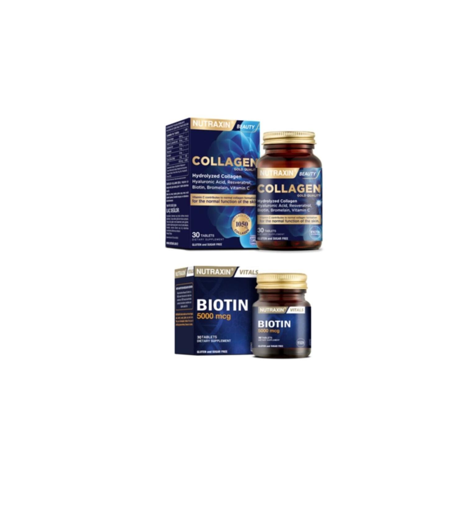 Nutraxin Hyaluronic Acid Biotin Zinc Containing 1050 Mg Collagen Supplement 30 Tablets + Biotin 5000 Mcg 30 Tablets