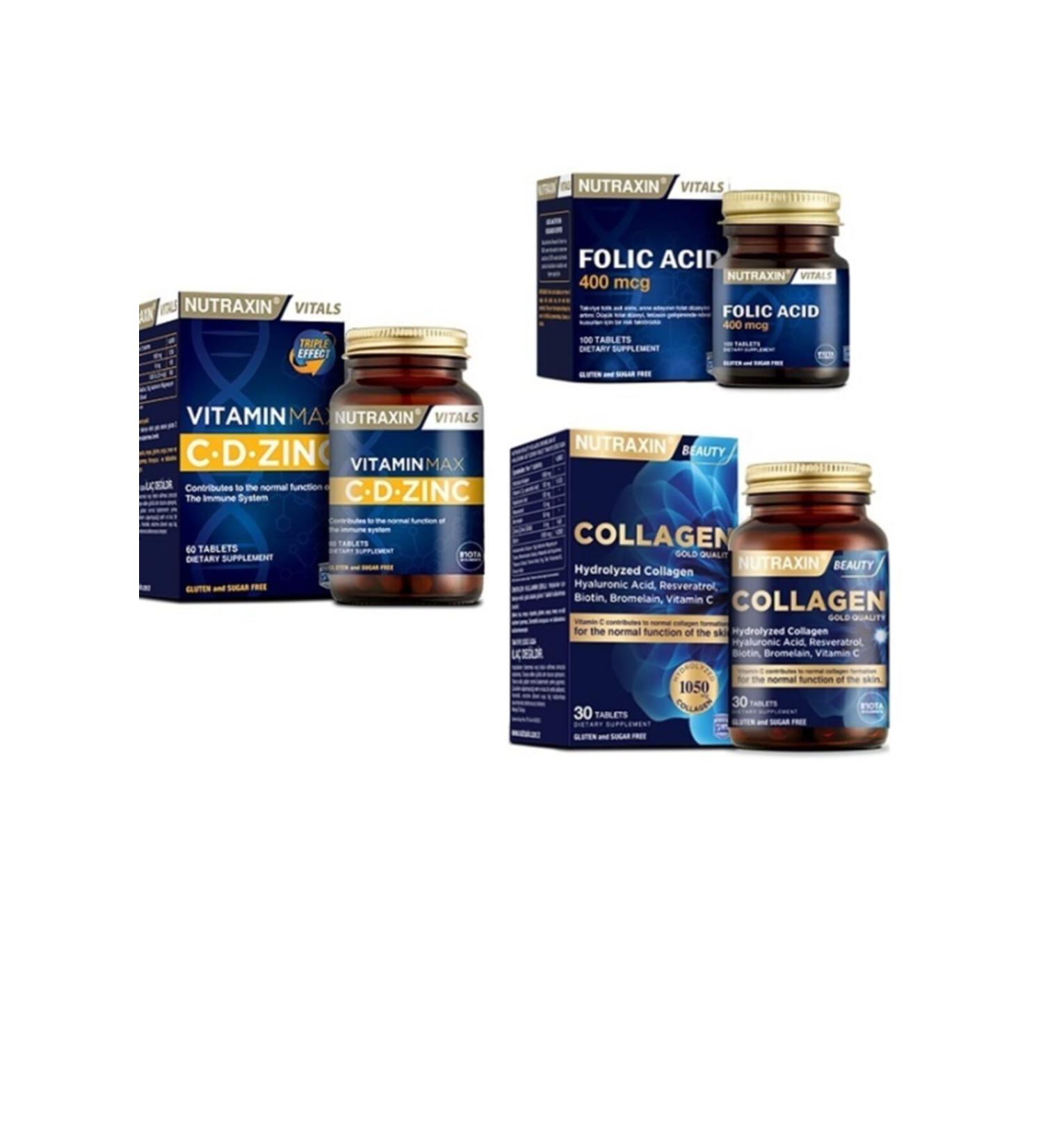 Nutraxin 400 Mcg Folic Acid 100 T. + C d zinc 60 Tablets + Hydrolyzed Collagen 30 T.