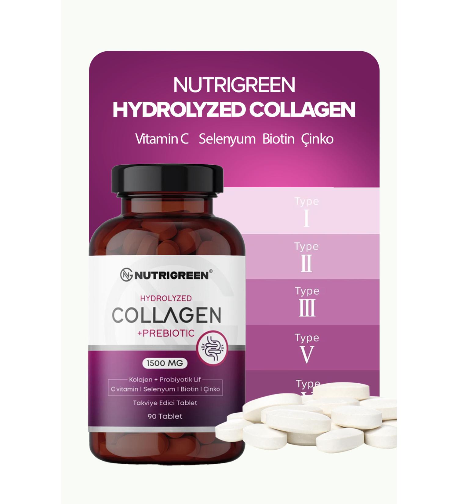 Nutrigreen 5 Types Natural Hydrolyzed Collagen Probiotic Content 90 Tablets