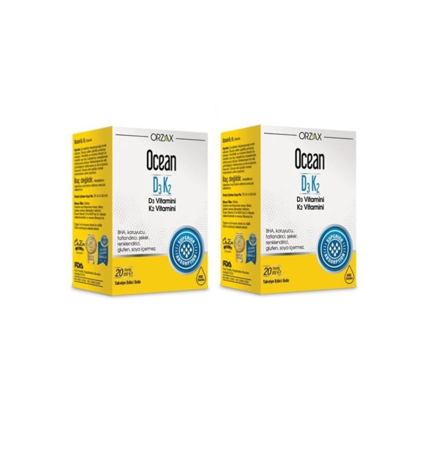 Orzax Ocean D3 and K2 Vitamin Drops Helping to Protect Bones and Teeth 20 Ml X 2 Pieces