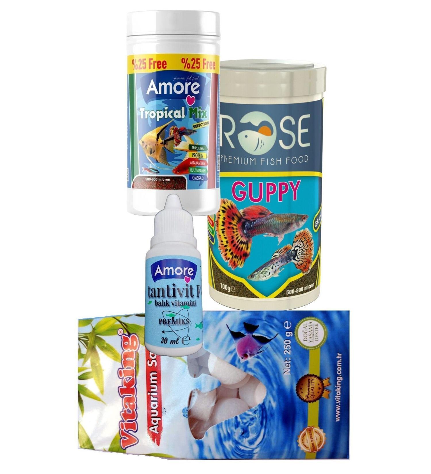 AMORE Tetra-Angel-Guppy 4-Piece Fish Food Set Tropical Mix 2x125ml Bonisa Tropical 250 Multivitamin