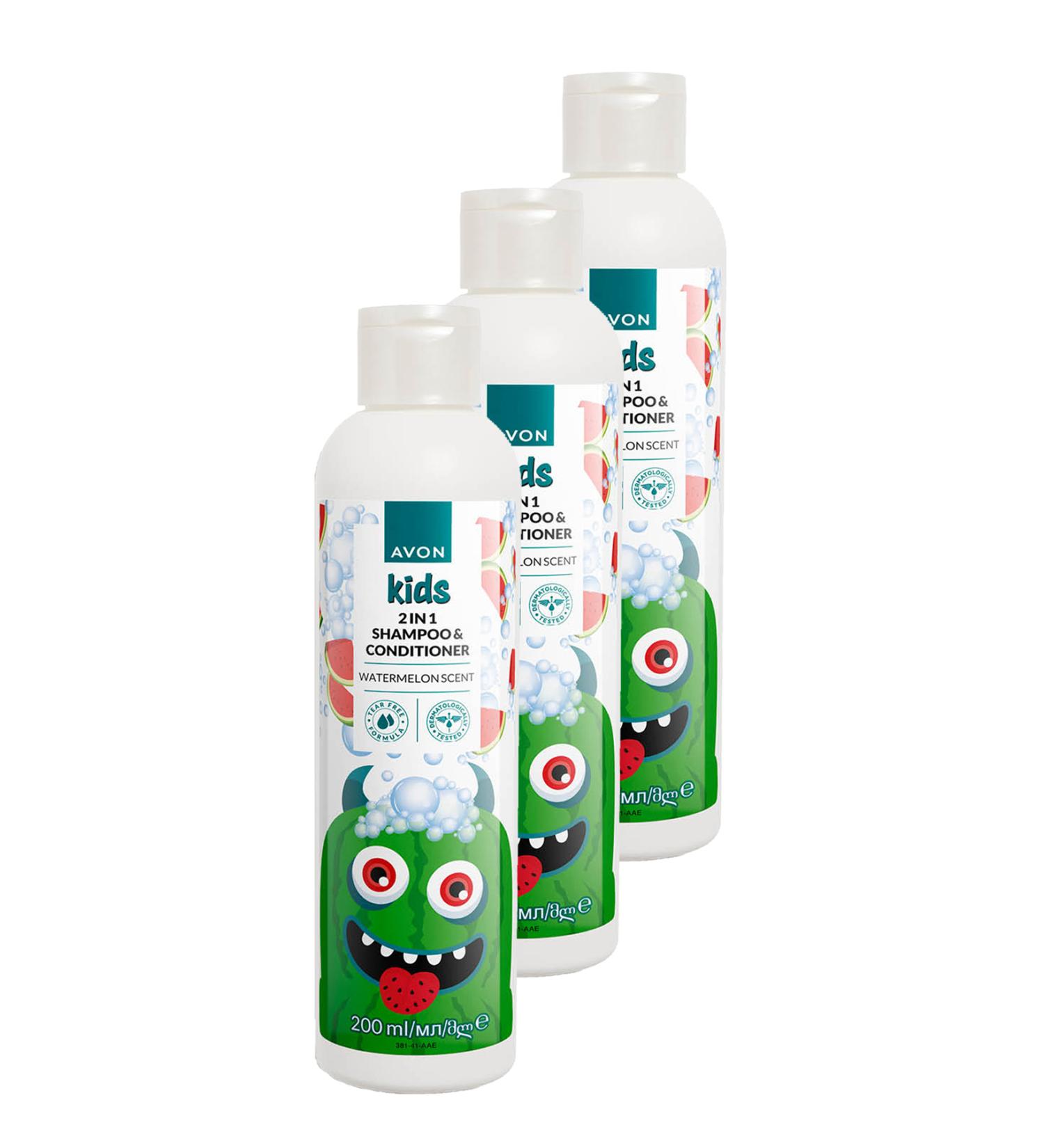Avon Kids 2 in 1 Watermelon Scented Children's Hair Conditioner and Shampoo 200 Ml. Triple Set