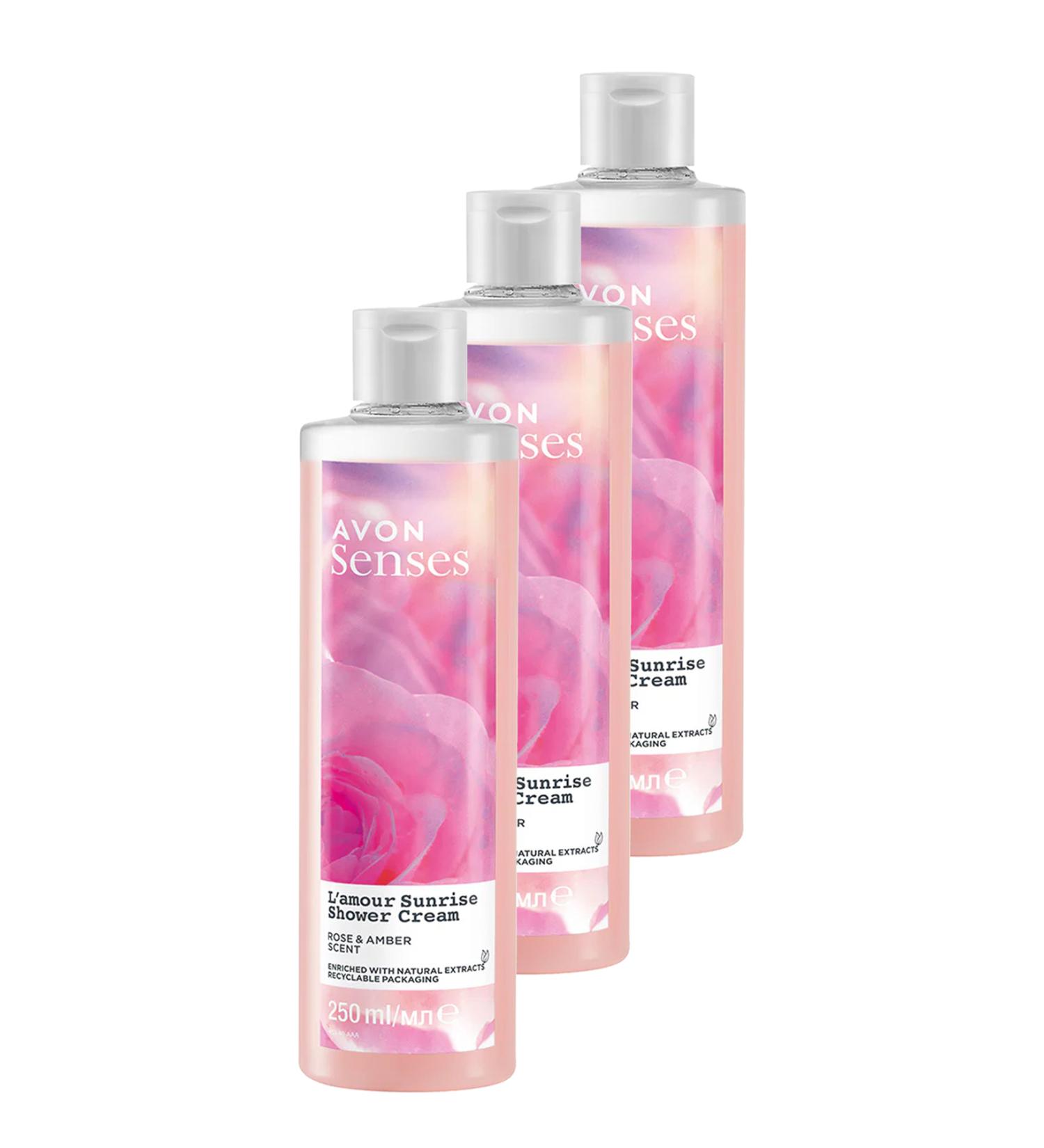 Avon L'amour Sunrise Rose and Amber Scented Cream Shower Gel 250 Ml. Set of Three