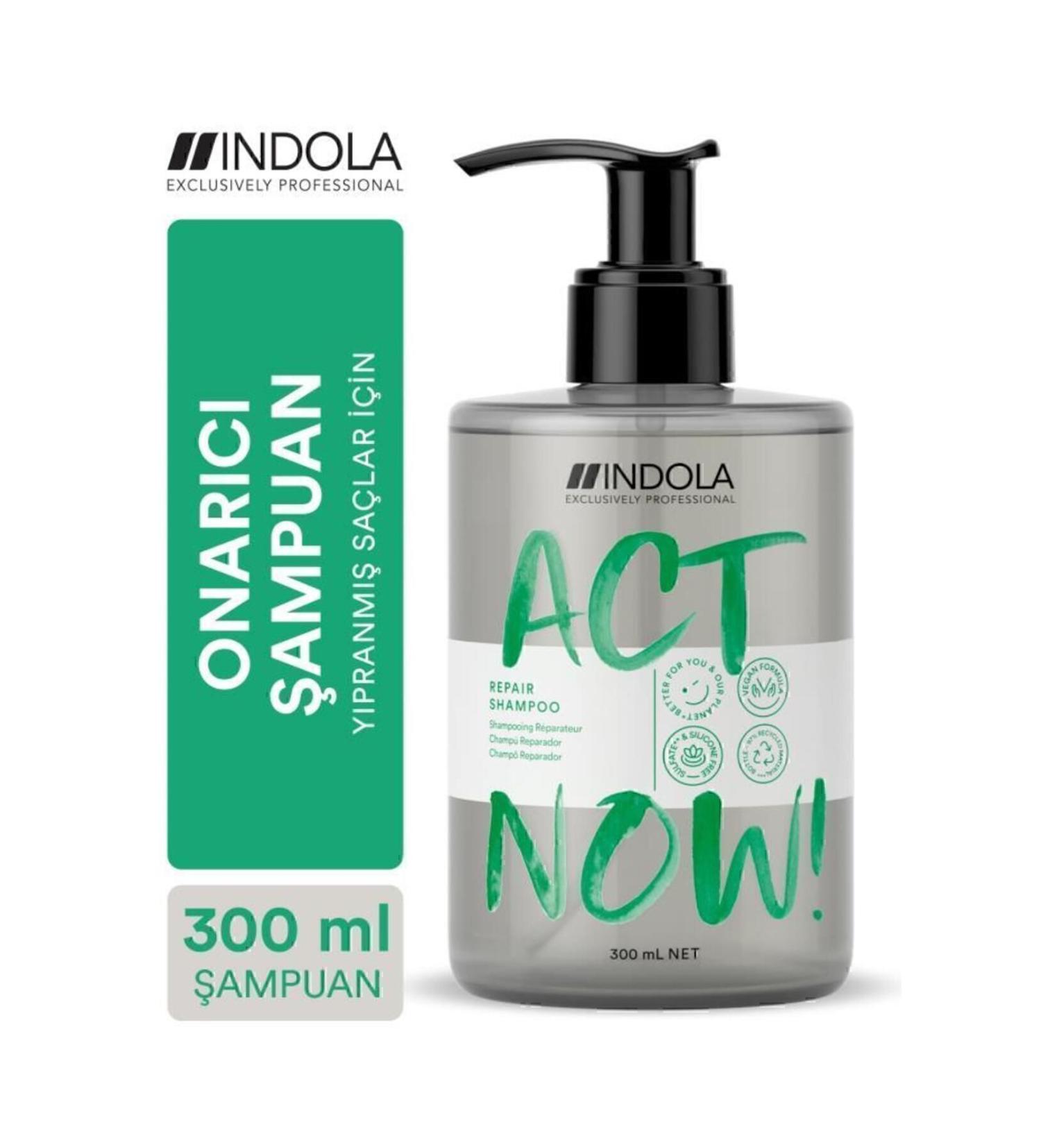 Indola Act Now! Hair Repair Shampoo Enriched with Almond Oil for Damaged Hair 300ml | Vegan - Buy Online on GoSupps.com