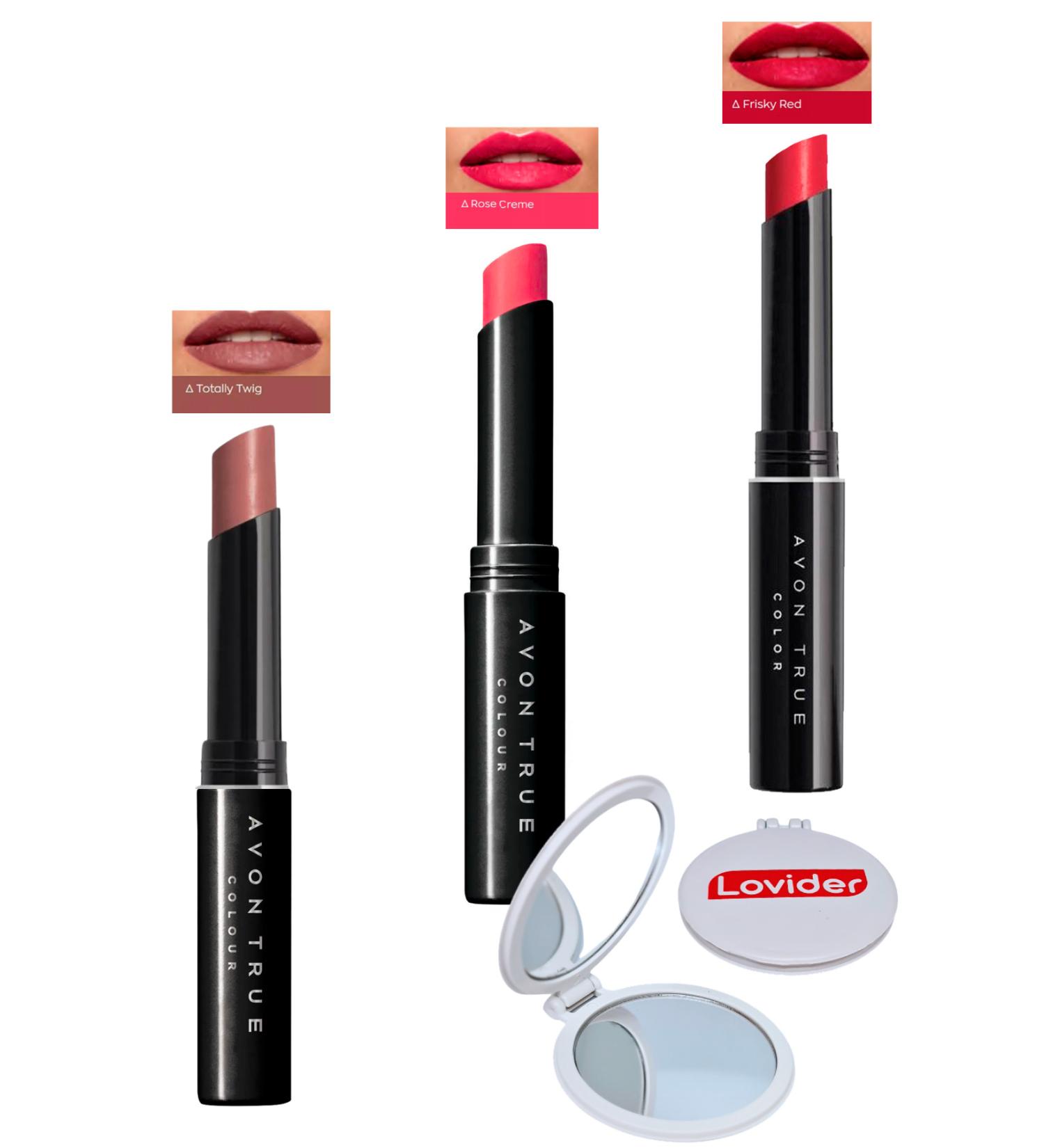 Avon Beauty 3-Pack Lipstick - Totally Twig + Rose Creme + Frisky Red + Lovider Pocket Mirror