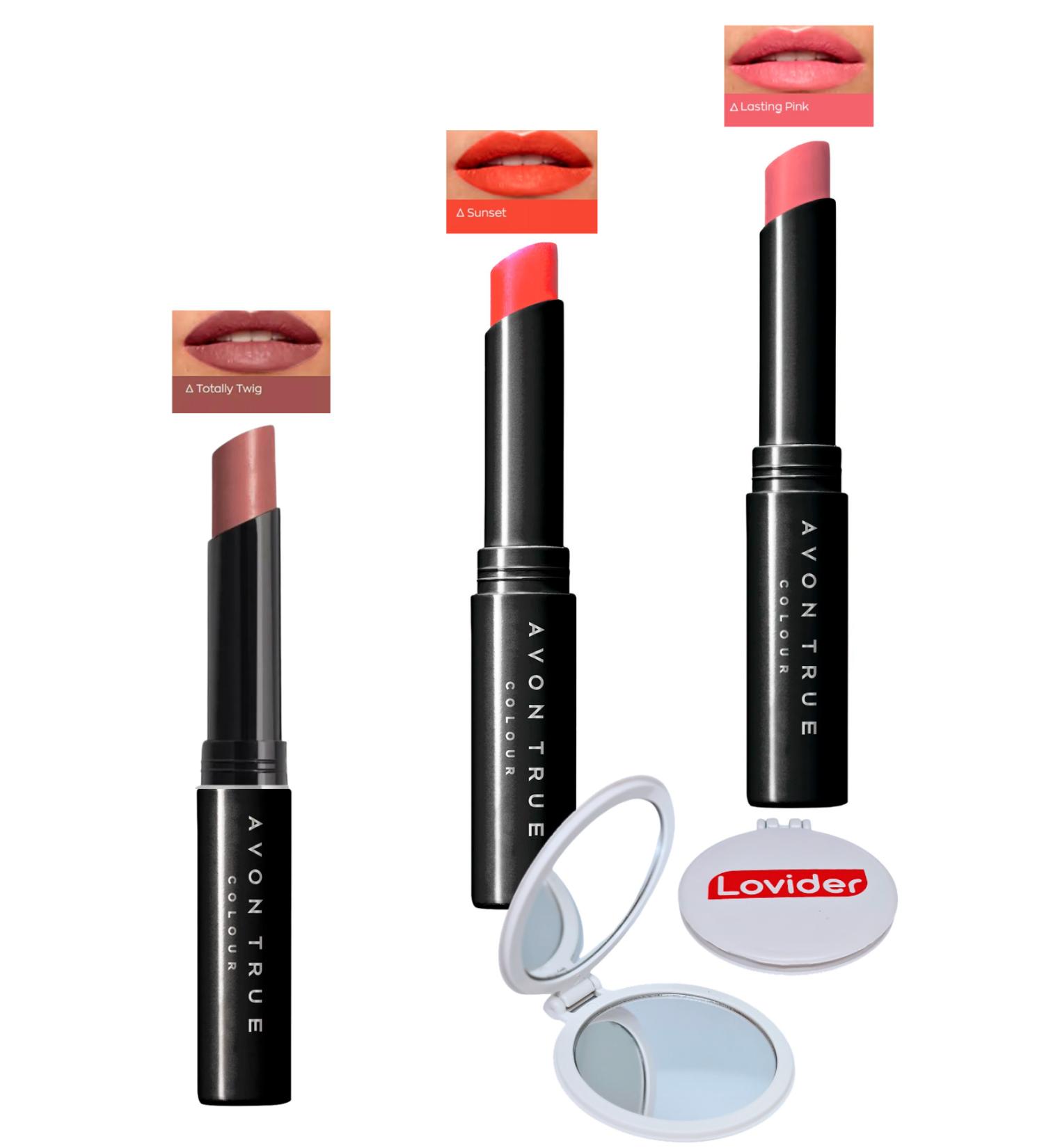 Avon Beauty 3-Pack Lipstick - Totally Twig + Sunset + Lasting Pink + Lovider Pocket Mirror