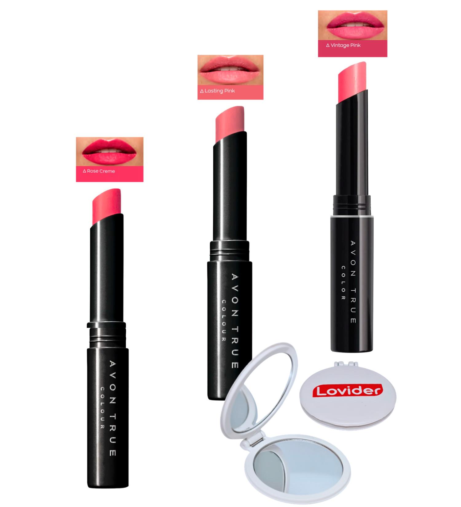 Avon Beauty 3-Pack Lipstick - Rose Creme + Lasting Pink + Vintage Pink + Pocket Mirror