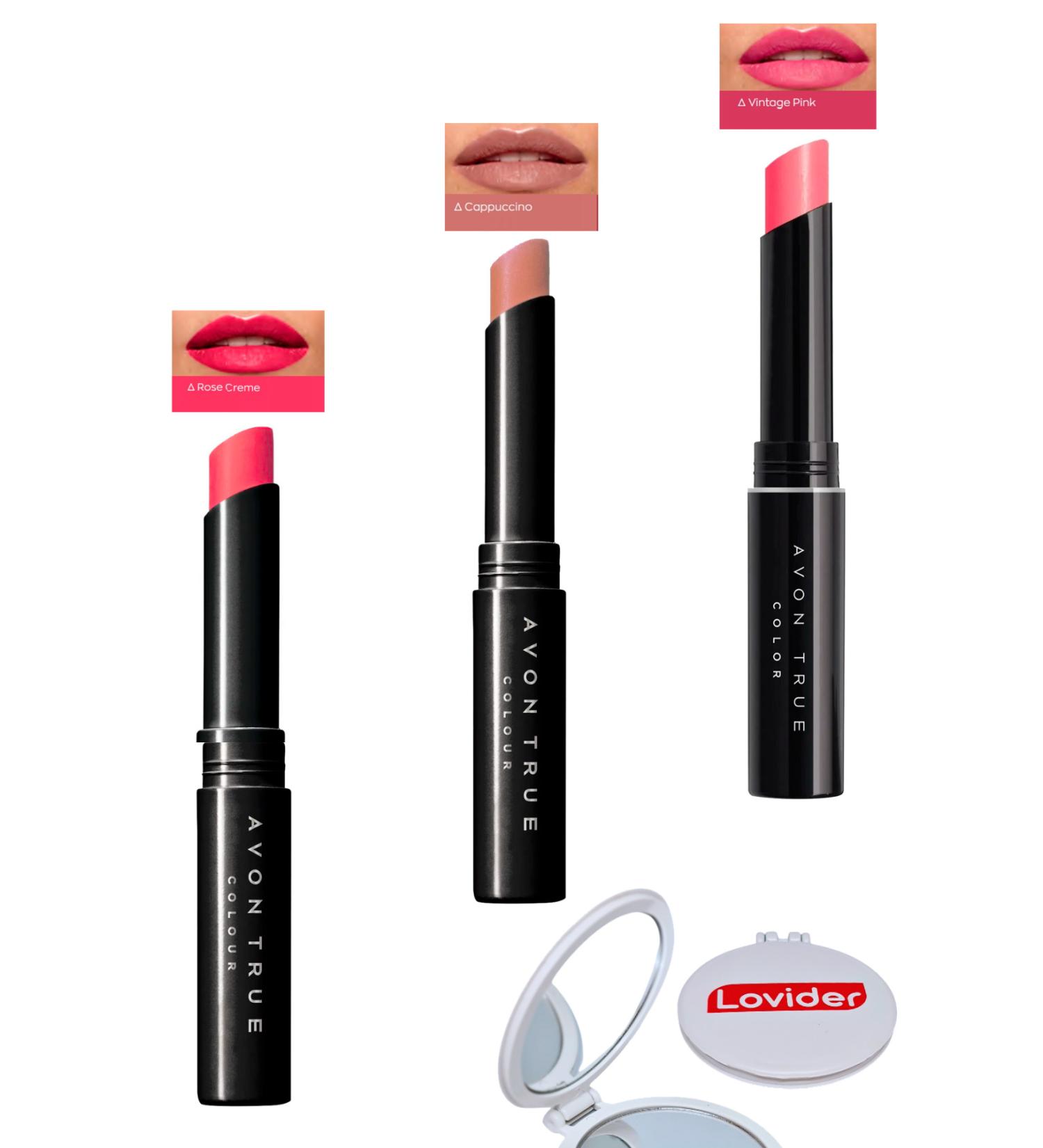 Avon Beauty 3-Pack Lipstick - Rose Creme + Cappuccino + Vintage Pink + Lovider Pocket Mirror