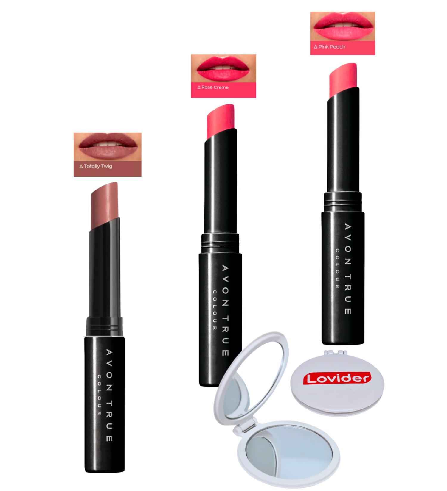 Avon Beauty 3-Pack Lipstick - Totally Twig + Rose Creme + Pink Peach + Lovider Pocket Mirror