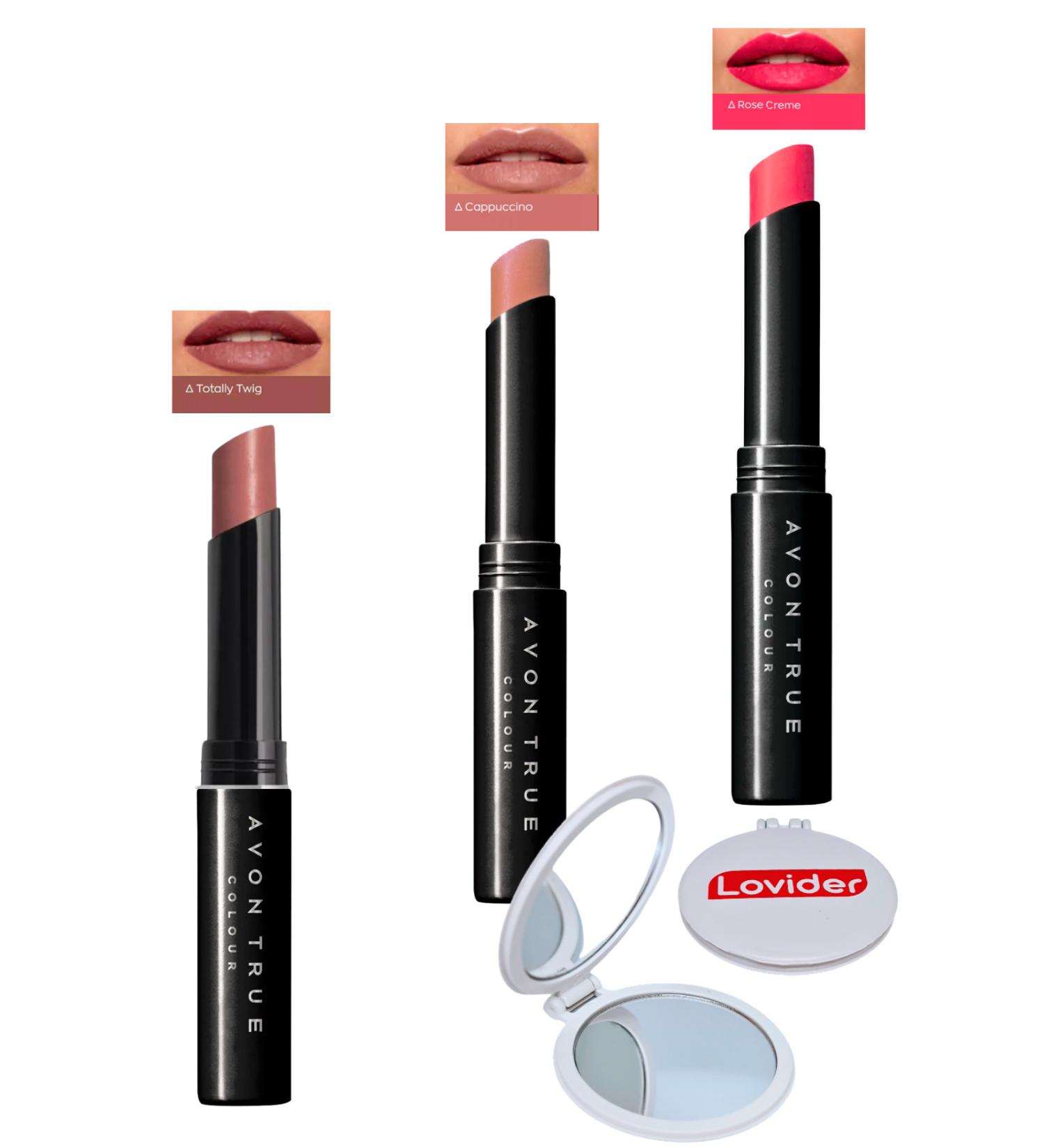 Avon Beauty 3-Pack Lipstick - Rose Creme + Vintage Pink + Sunset + Lovider Pocket Mirror