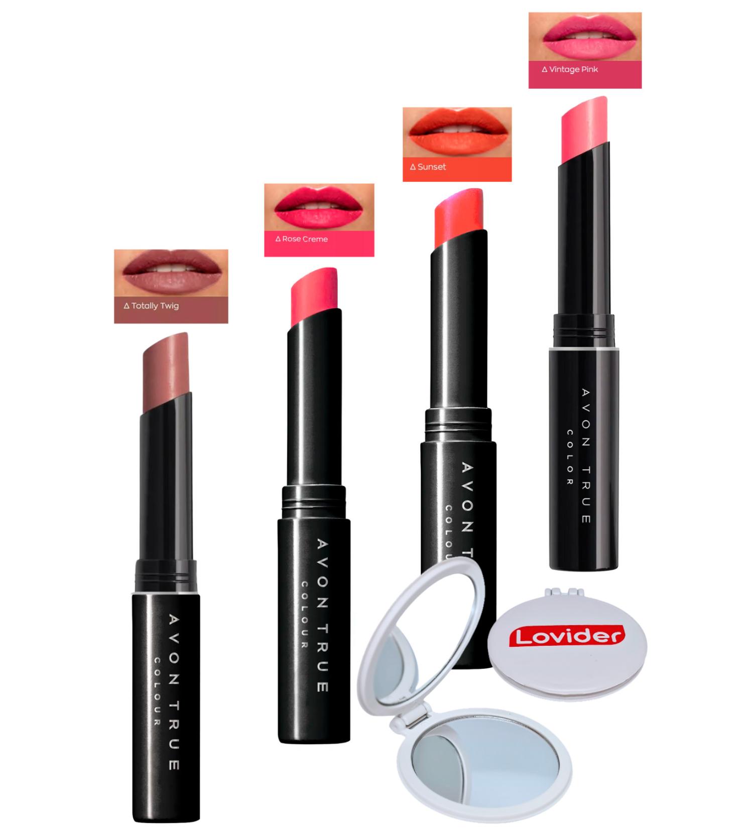 Avon Beauty 4-Pack Lipstick - Totally Twig + Rose Creme + Sunset + Vintage Pink + Lovider Pocket Mirror