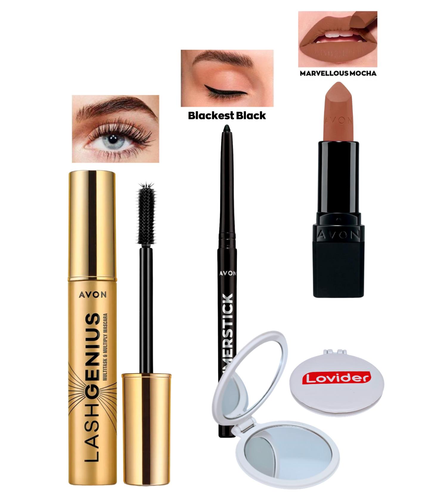 Avon Lash Genius Mascara + Black Eyeliner + Marvellous Mocha Matte Lipstick + Lovider Pocket Mirror - Buy Online on GoSupps.com