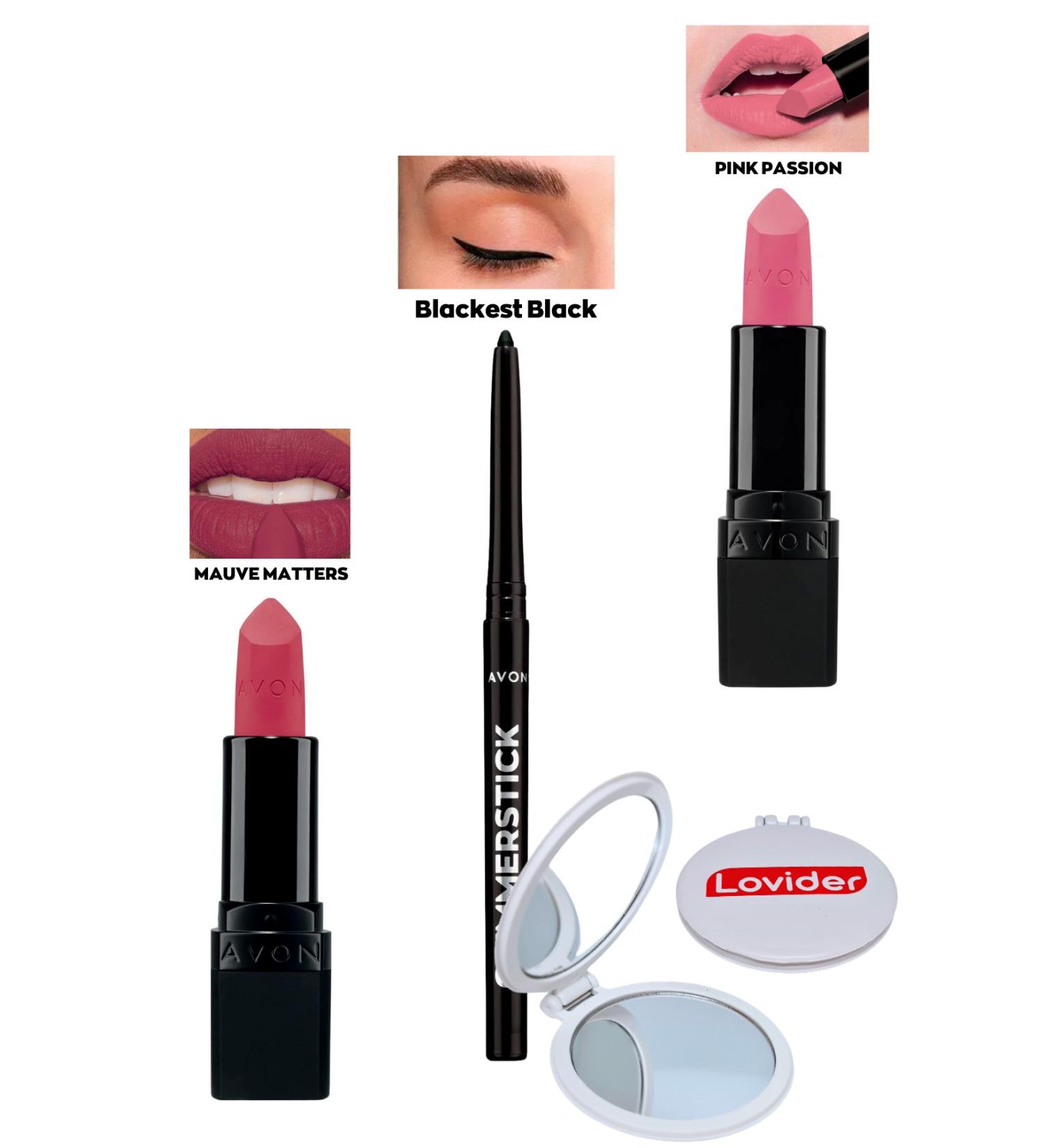 Avon Mauve Matters Matte Lipstick + Black Eyeliner + Pink Passion Matte Lipstick + Lovider Pocket Mirror
