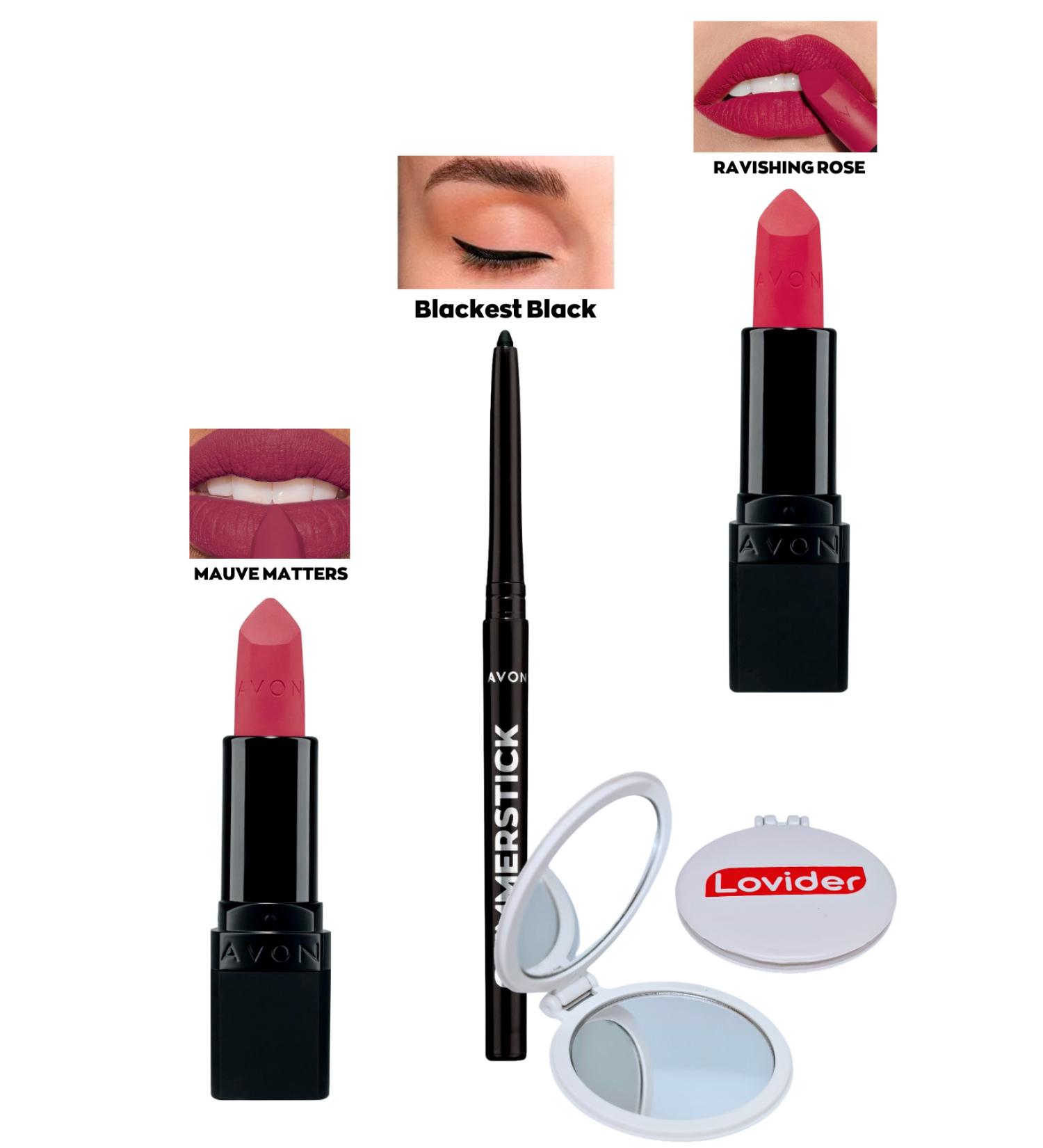 Avon Mauve Matters Matte Lipstick + Black Eyeliner + Ravishing Rose Matte Lipstick + Lovider Pocket Mirror