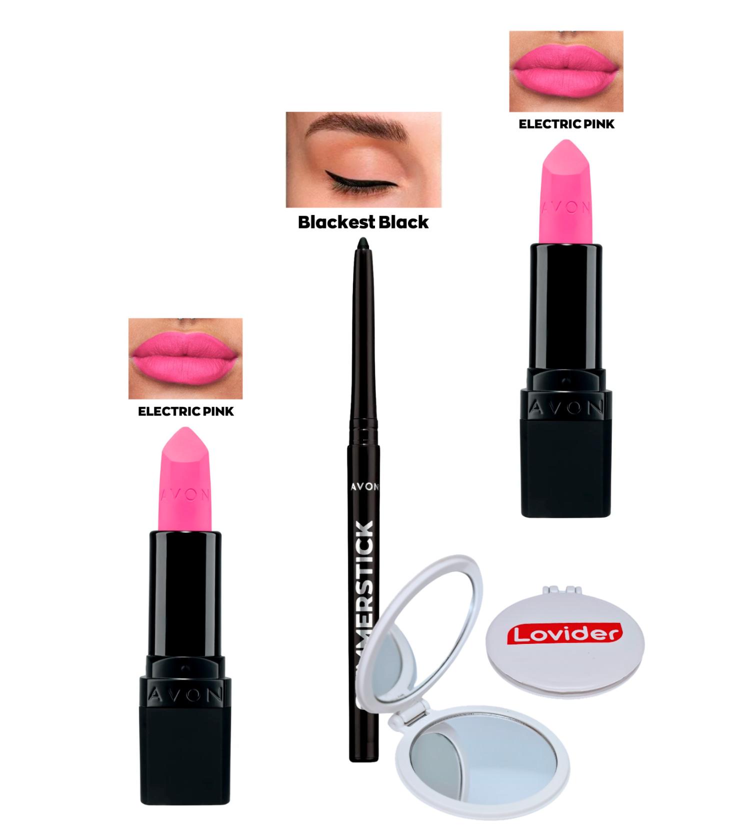 Avon Electric Pink Matte Lipstick x 2 + Black Eyeliner + Lovider Pocket Mirror