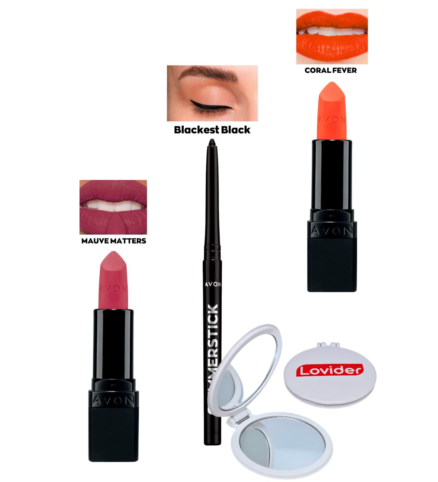 Avon Mauve Matters Matte Lipstick + Black Eyeliner + Coral Fever Matte Lipstick + Lovider Pocket Mirror