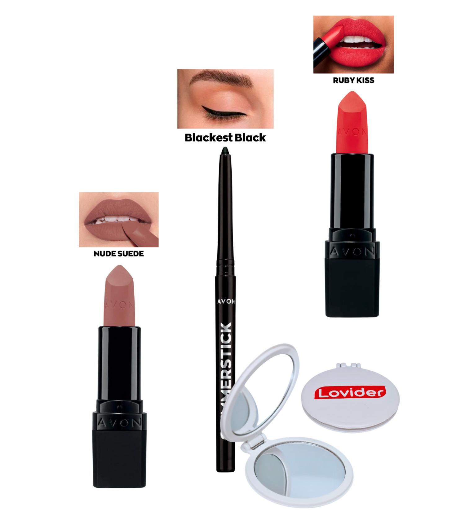 Avon Nude Suede Matte Lipstick + Black Eyeliner + Ruby Kiss Matte Lipstick + Lovider Pocket Mirror