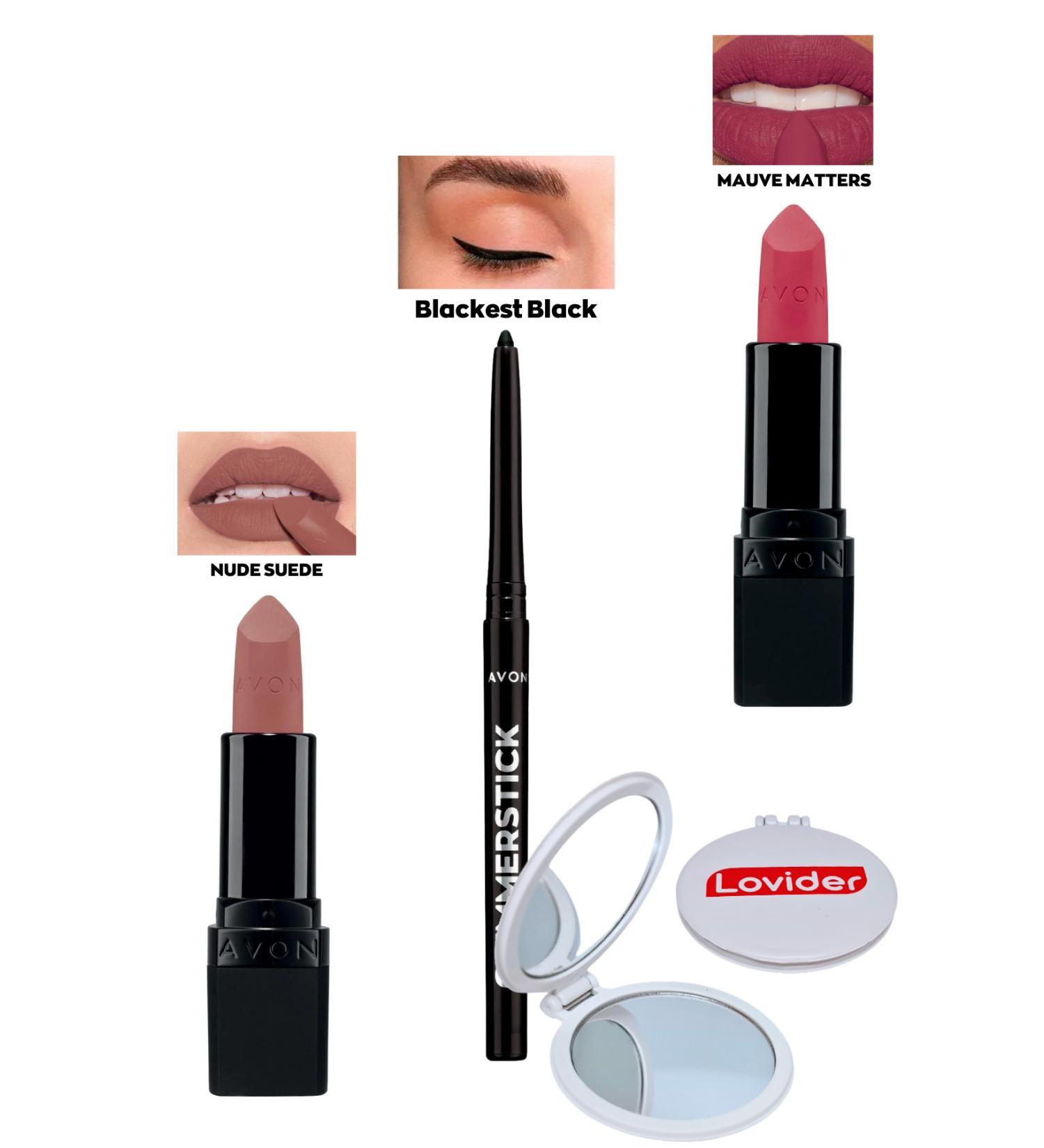 Avon Nude Suede Matte Lipstick + Black Eyeliner + Mauve Matters Matte Lipstick + Lovider Pocket Mirror