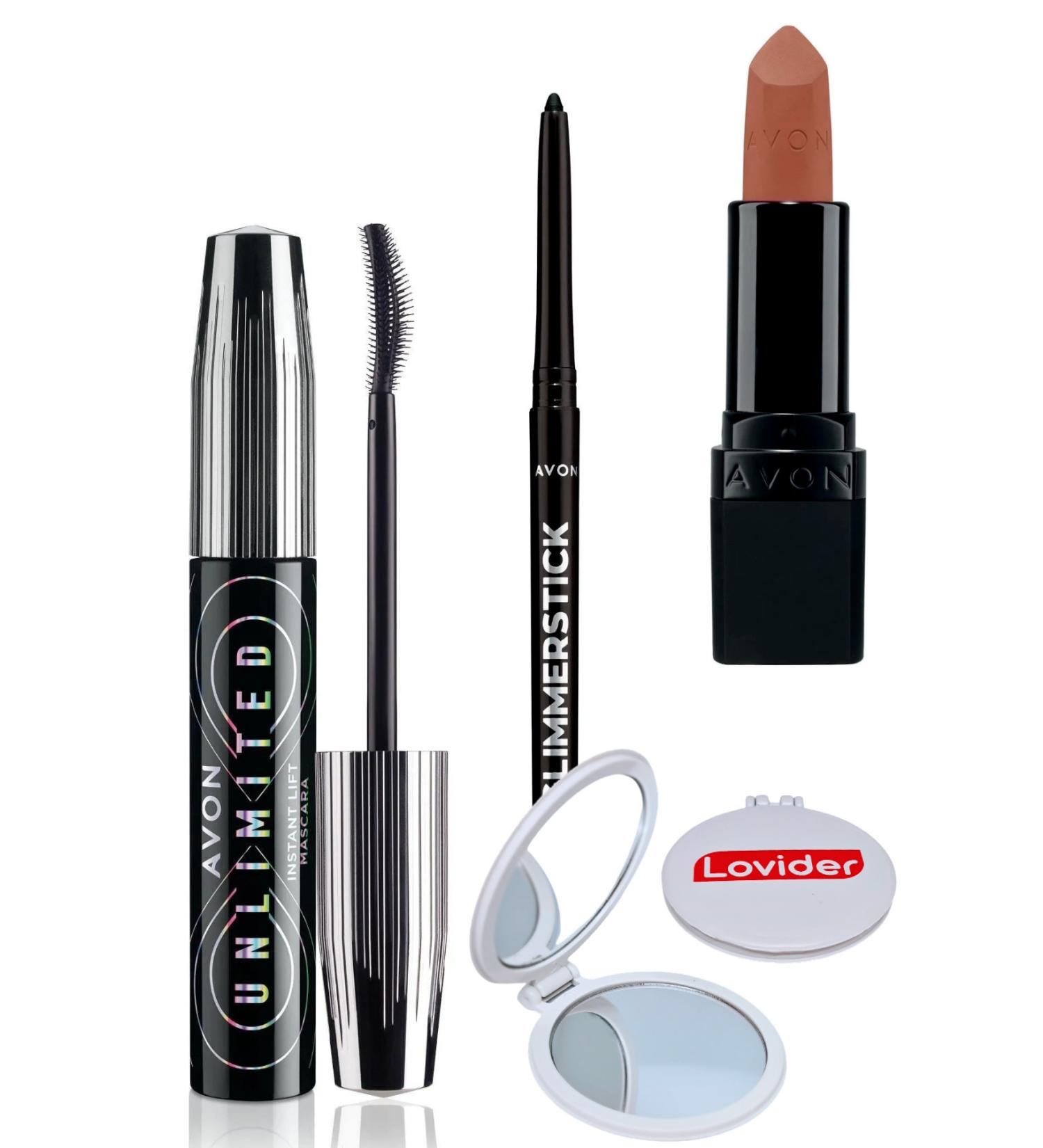 Avon Unlimited Mascara Black + Black Eyeliner + Marvellous Mocha Lipstick + Lovider Pocket Mirror - Buy Online on GoSupps.com