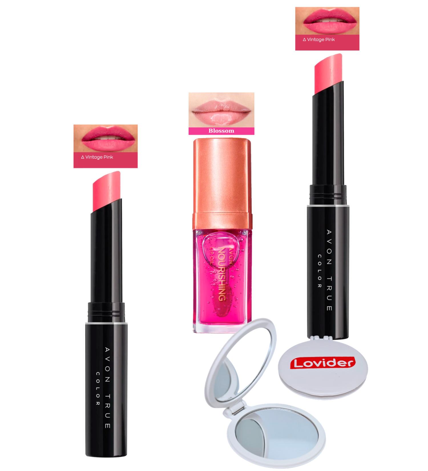 Avon Ultra Beauty Lipstick Vintage Pink 2 Pack + Blossom Lip Care Oil + Lovider Pocket Mirror