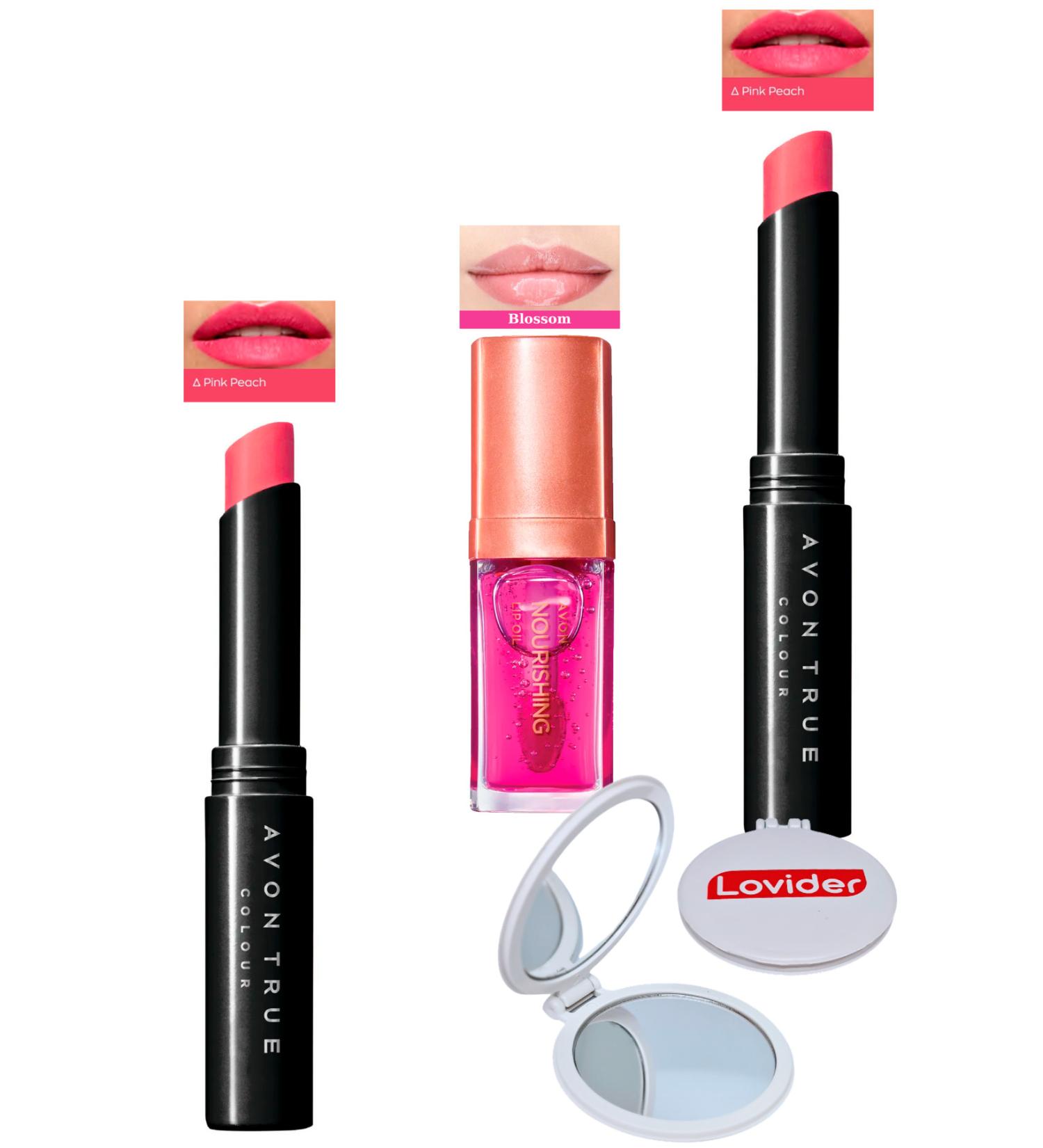 Avon Ultra Beauty Lipstick Pink Peach 2 Pack + Blossom Lip Care Oil + Pocket Mirror
