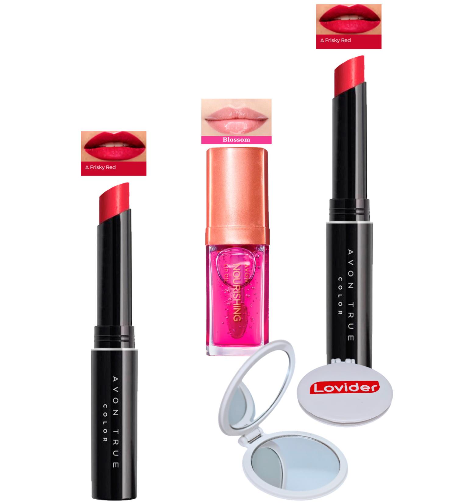 Avon Ultra Beauty Lipstick Frisky Red 2 Pack + Blossom Lip Care Oil + Lovider Pocket Mirror