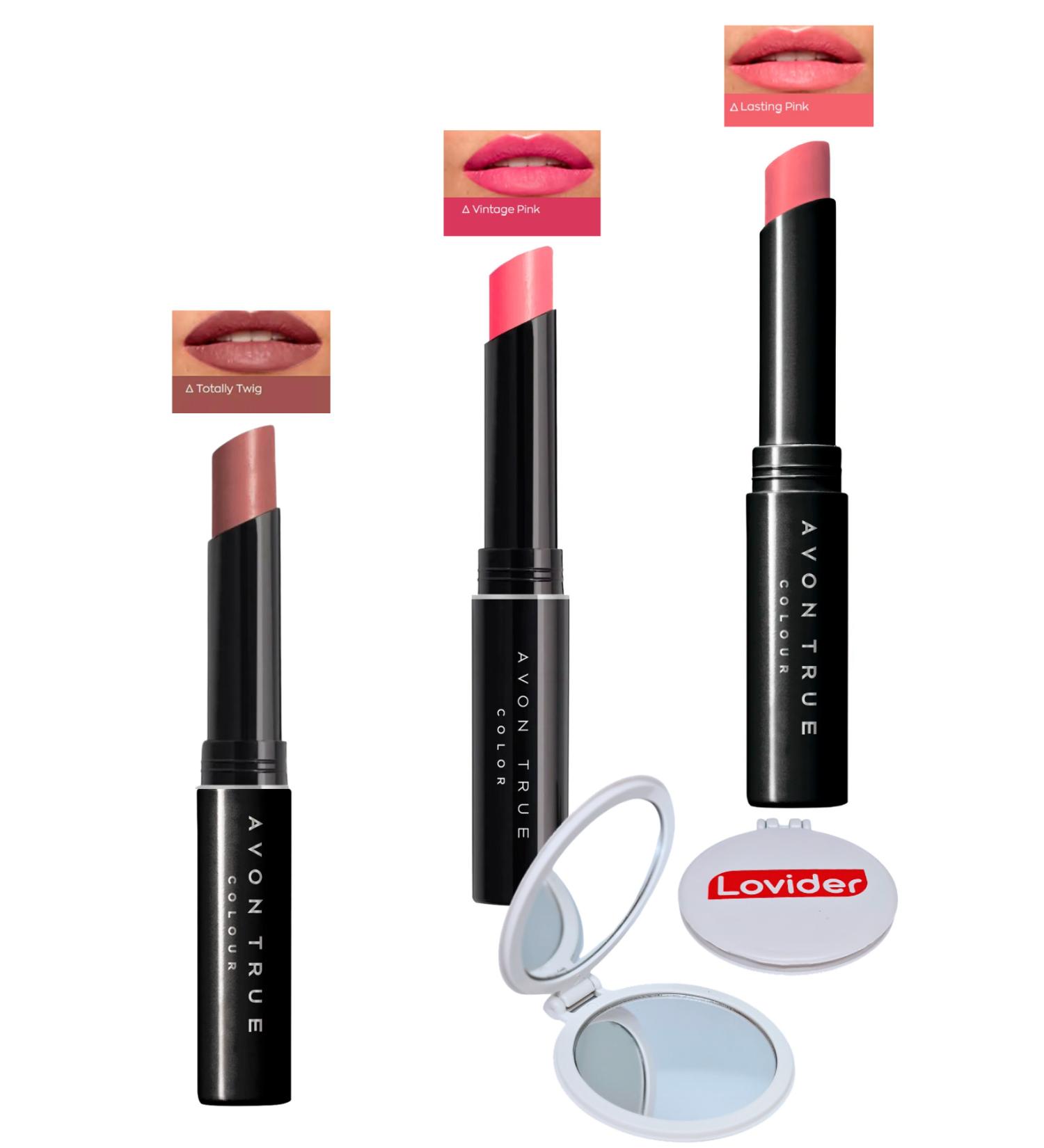 Avon Beauty 3-Pack Lipstick - Totally Twig + Vintage Pink + Lasting Pink + Lovider Pocket Mirror