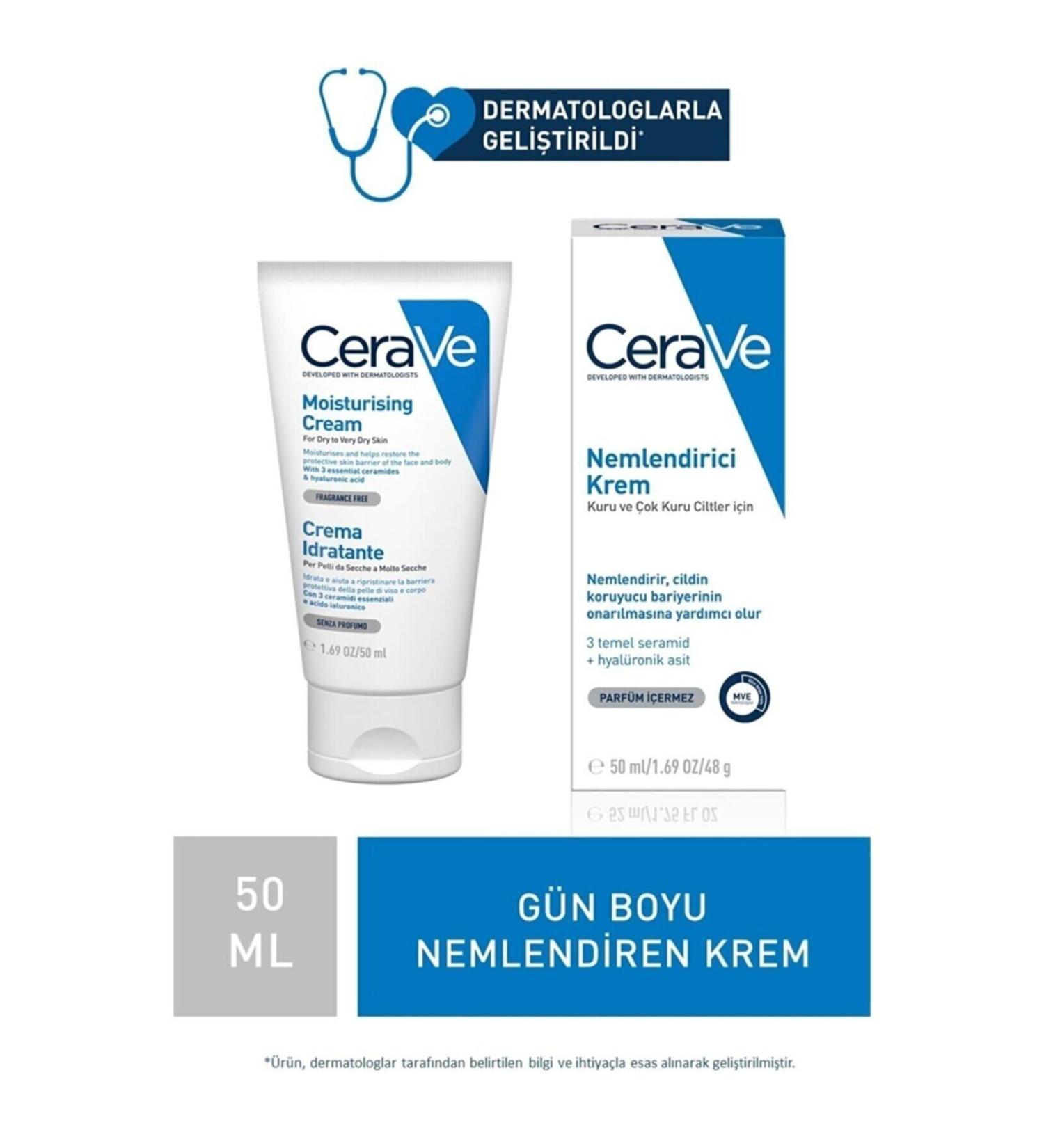 CeraVe Moisturizing Cream for Hands Face and Body with Ceramide and Hyaluronic Acid for Dry Skin 50 ml - Buy Online on GoSupps.com