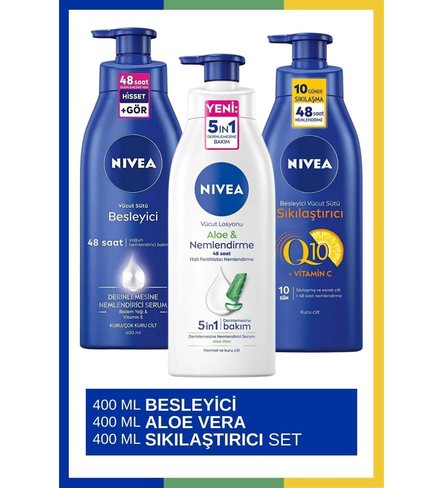 NIVEA Aloe Vera Body Lotion 400ml & Body Milk Nourishing 400ml & Q10 Firming Body Milk 400ml