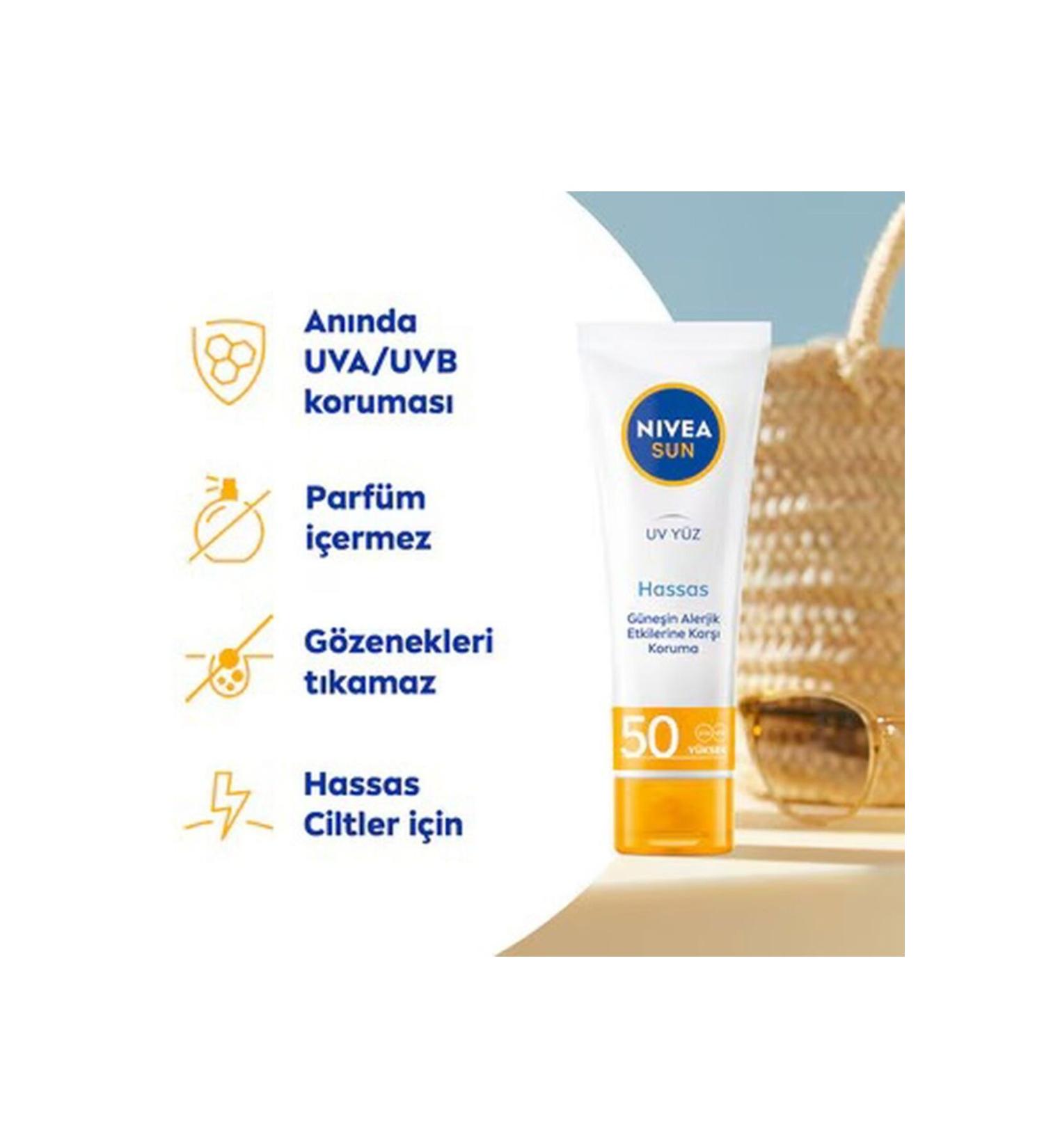NIVEA Sun SPF50 Sensitive Soothing Moisturising Face Sun Cream 50ml - Buy Online on GoSupps.com