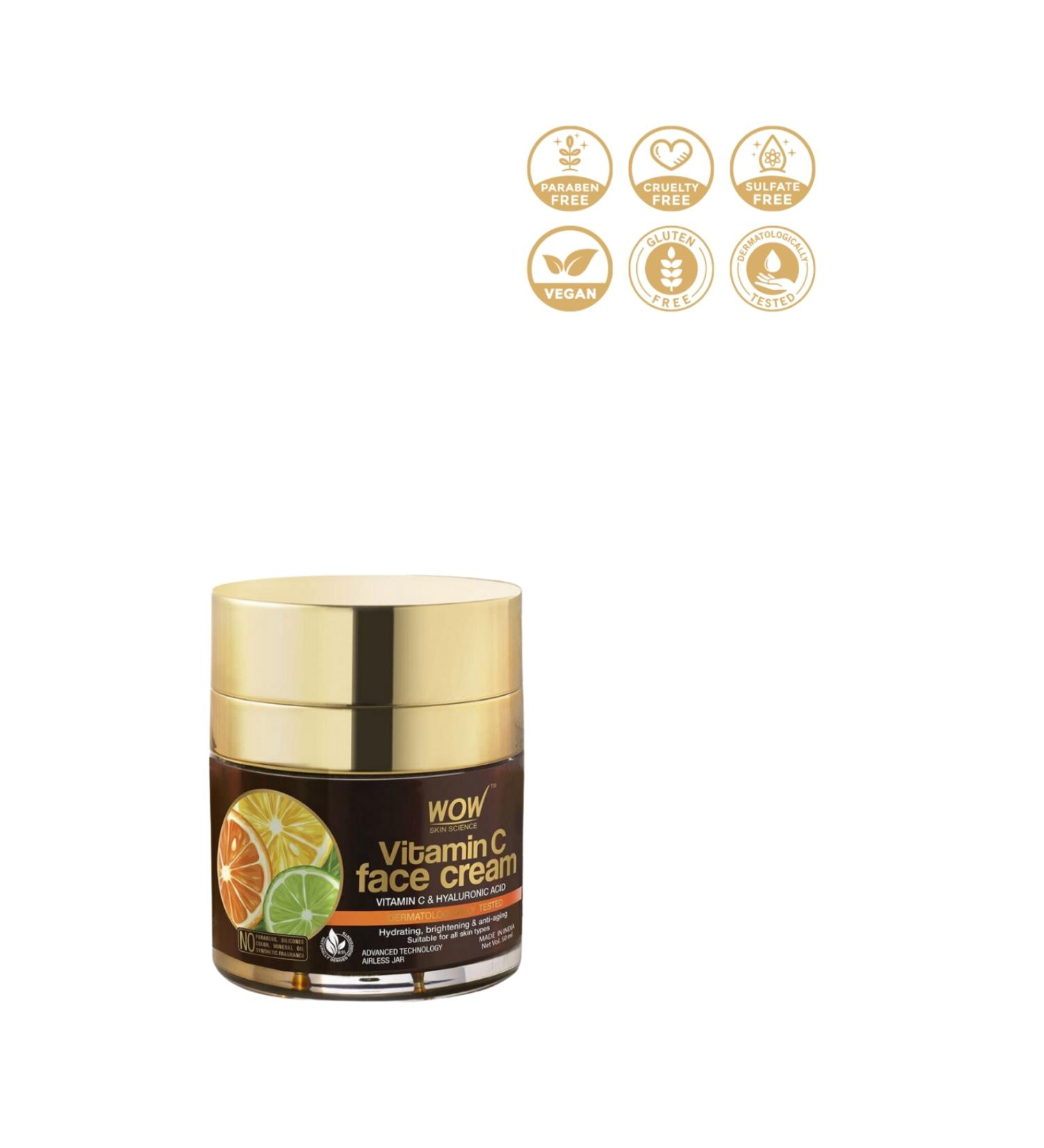 WOW Skin Science Vitamin C Face Cream - Natural Content - All Skin Types - Oil-free No Paraben Silicone Paint Mineral Oil 50ml - Buy Online on GoSupps.com