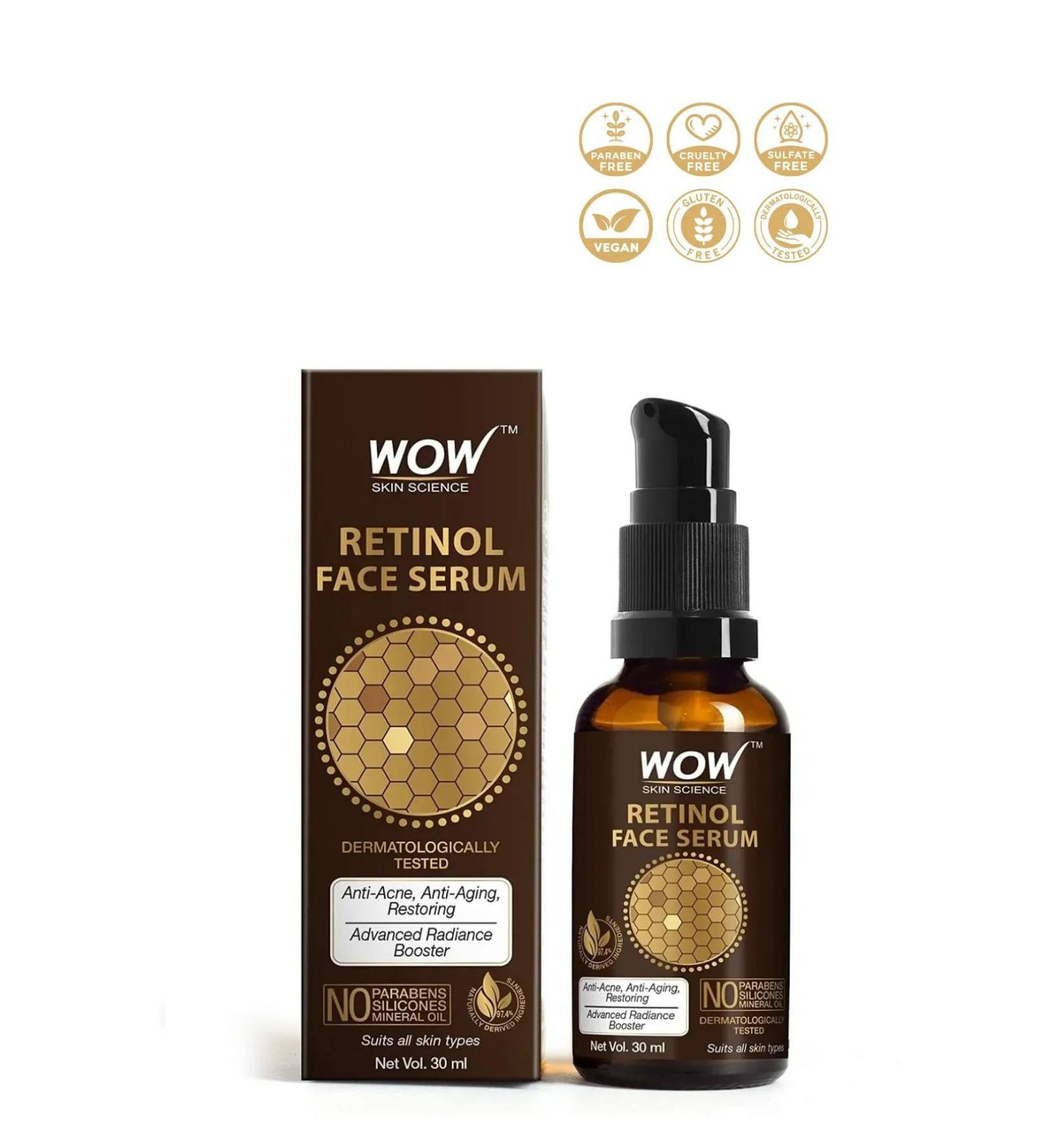 WOW Skin Science Retinol Serum - 4 Natural Ingredients Oil-Free Skin Plumper Anti-Acne Anti-Aging 30 ml