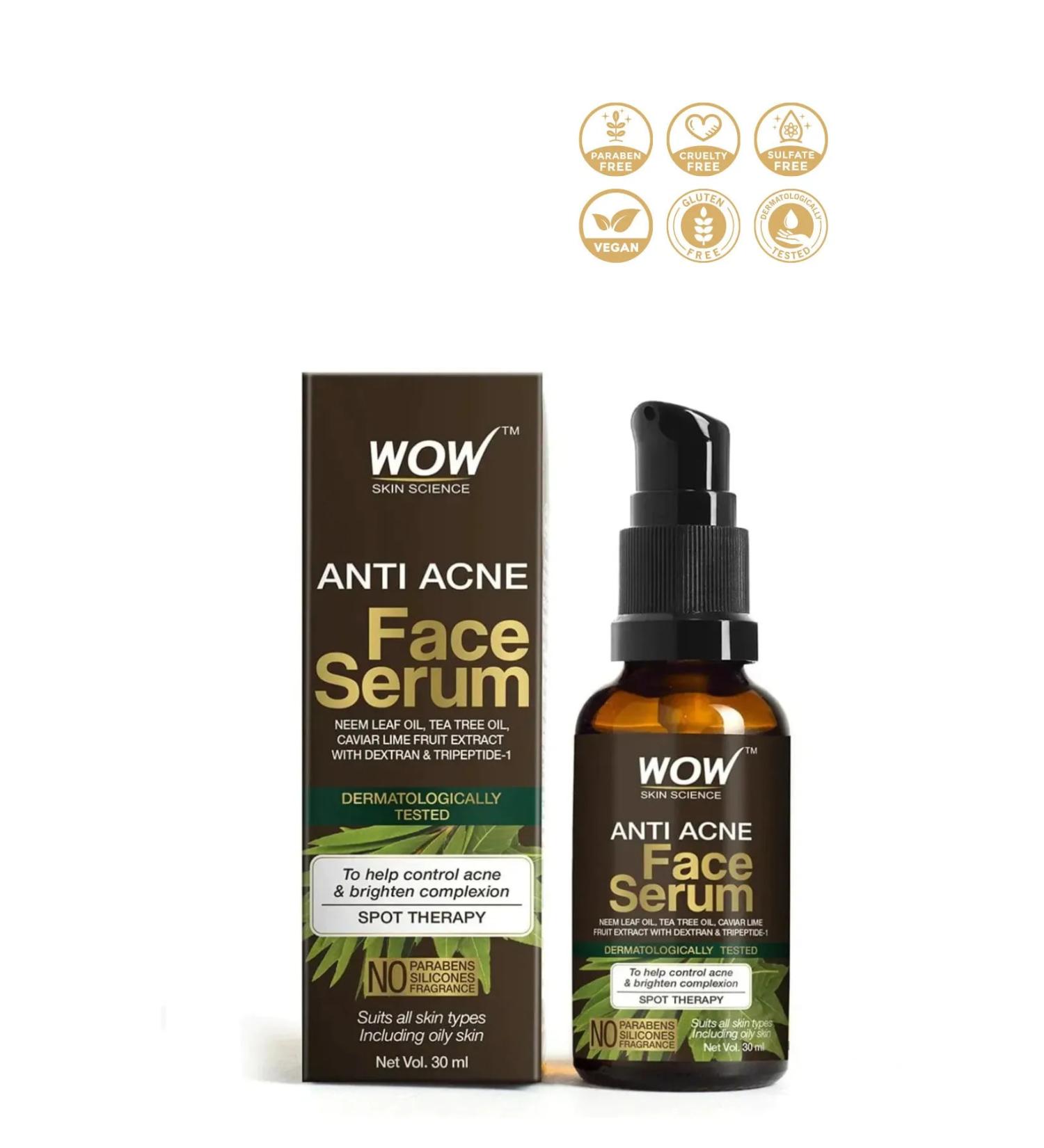 WOW Skin Science Anti-Acne Face Serum- 8 Natural-Anti-Blemish-Aha-Neem Leaf Oil Tea Tree Oil Caviar 30ml - Buy Online on GoSupps.com