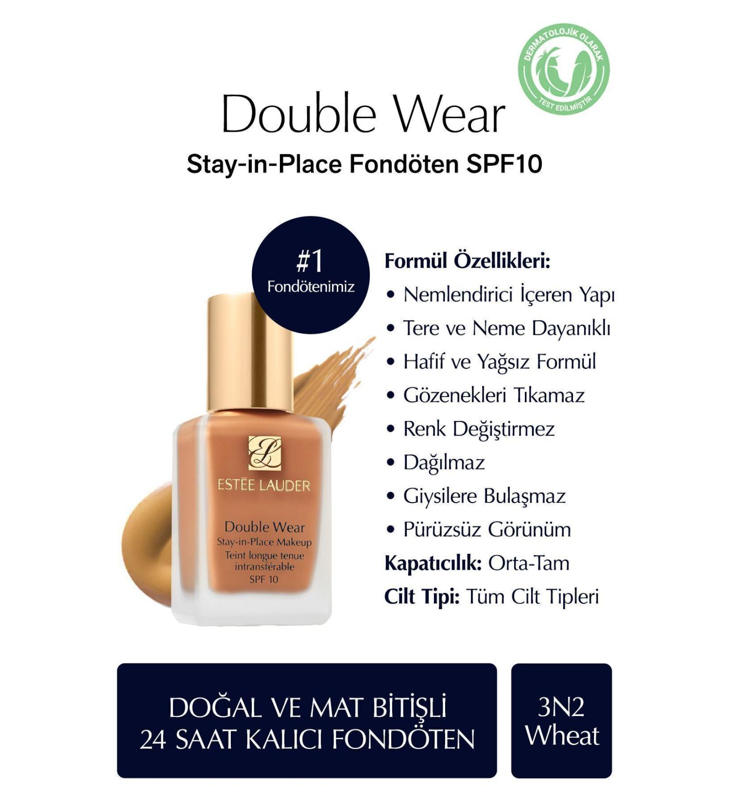 Estee Lauder Natural and Matte Finish - Double Wear Stay-in-Place Foundation SPF 10 ( 3N2 Wheat ) - 30 ml - Buy Online on GoSupps.com