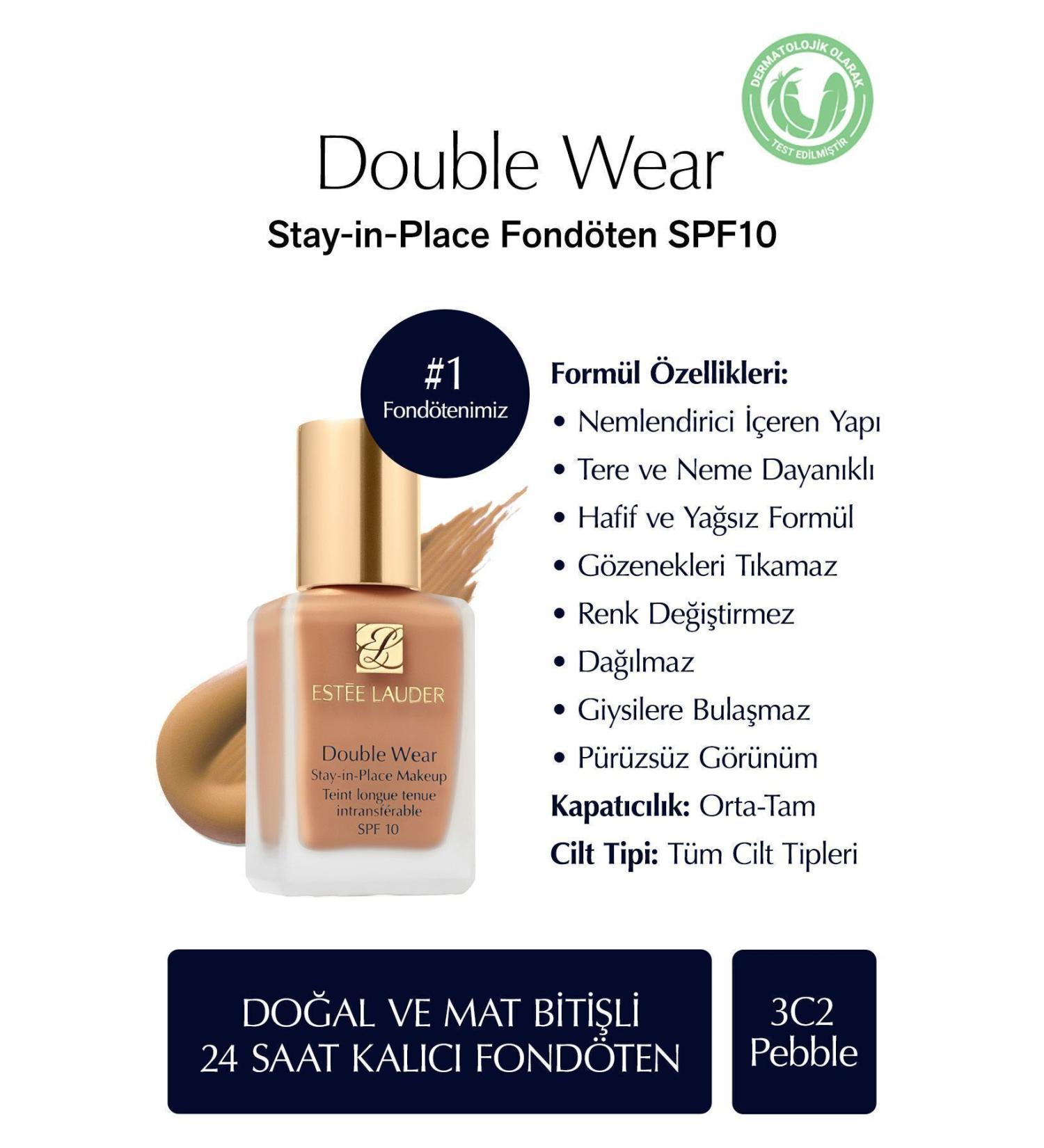 Estee Lauder Natural and Matte Finish - Double Wear Stay-in-Place Foundation SPF 10 ( 3C2 Pebble ) - 30 ml - Buy Online on GoSupps.com