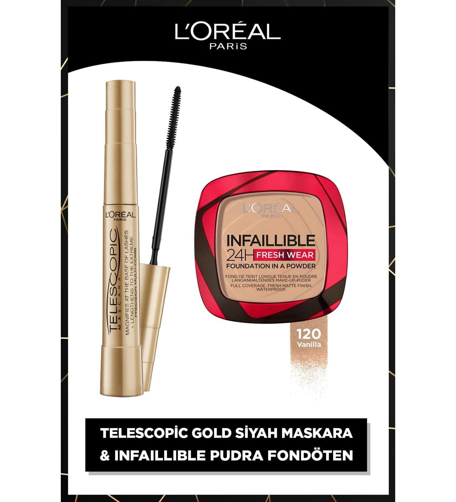 L'Oreal Paris 120 VAN LLA INFA LL BLE 24H FRESH WEAR POWDER FOUNDATION & TELESCOP C GOLD BLACK MASCRA5 - Buy Online on GoSupps.com