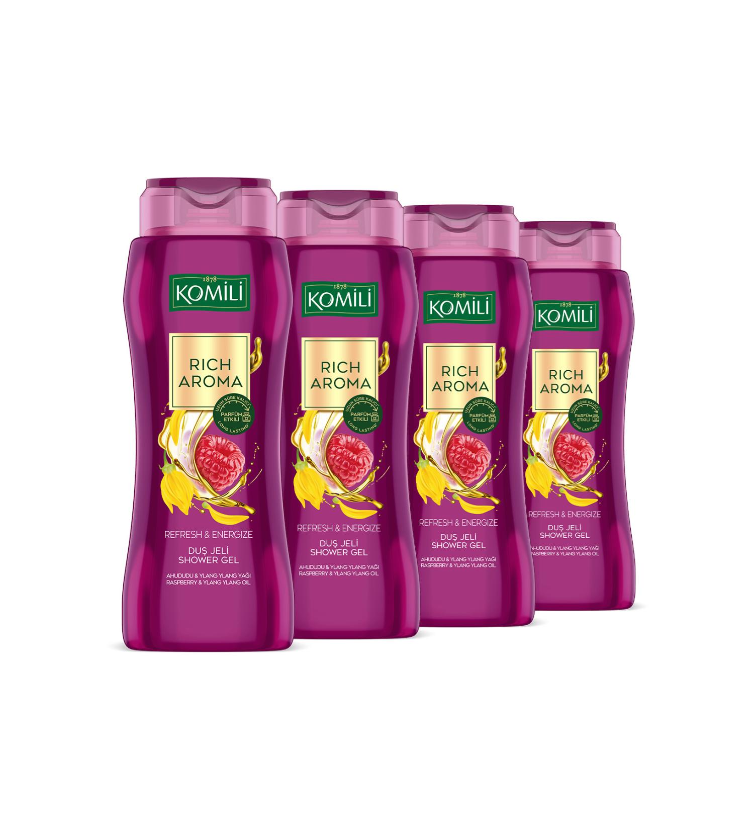 Komili Rich Aroma Shower Gel Set - Raspberry & Ylang Ylang - Lasting Perfume Effect - 4X500 ML - Buy Online on GoSupps.com